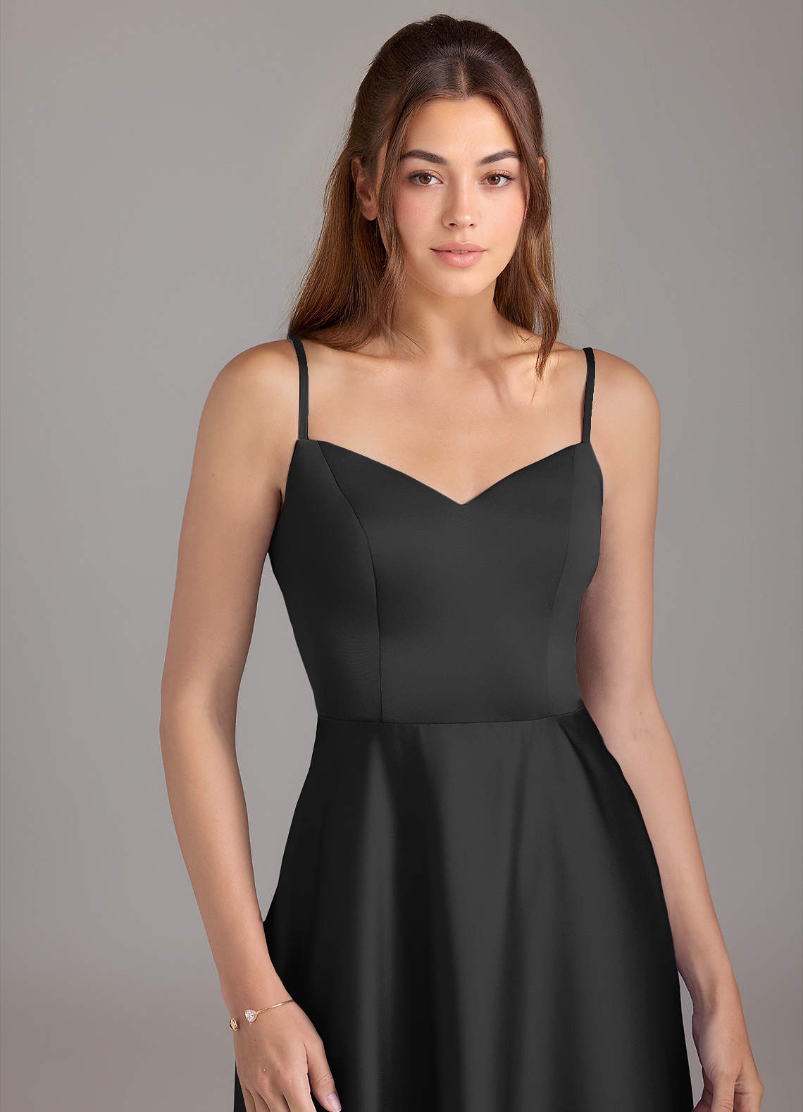 short black satin bridesmaid dresses Azazie Anselie Junior