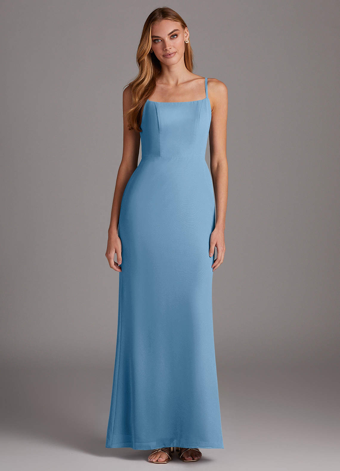 Azazie Tayla Vestidos de damas de honor Vestido de Azul Acero de Gasa de Corte Recto con Escote Cuadrado image1