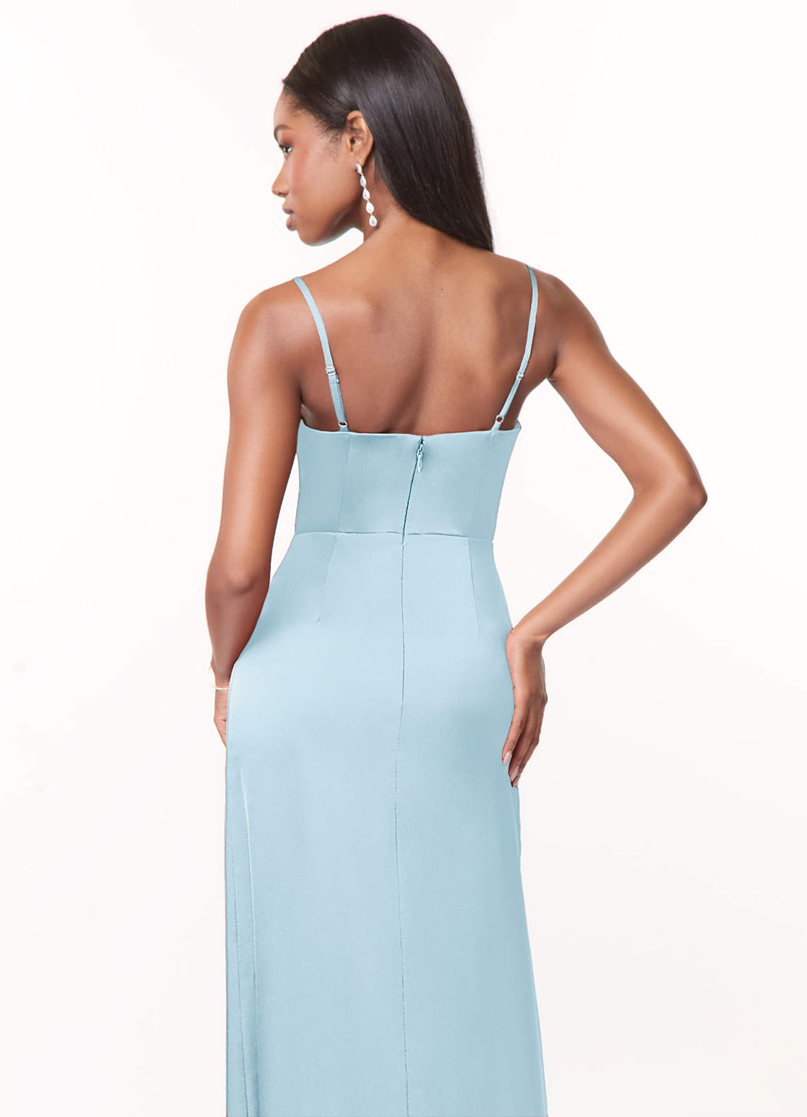 Azazie Maci Bridesmaid Dresses Sky Blue A-Line V-Neck Pleated Stretch Satin Dress image3