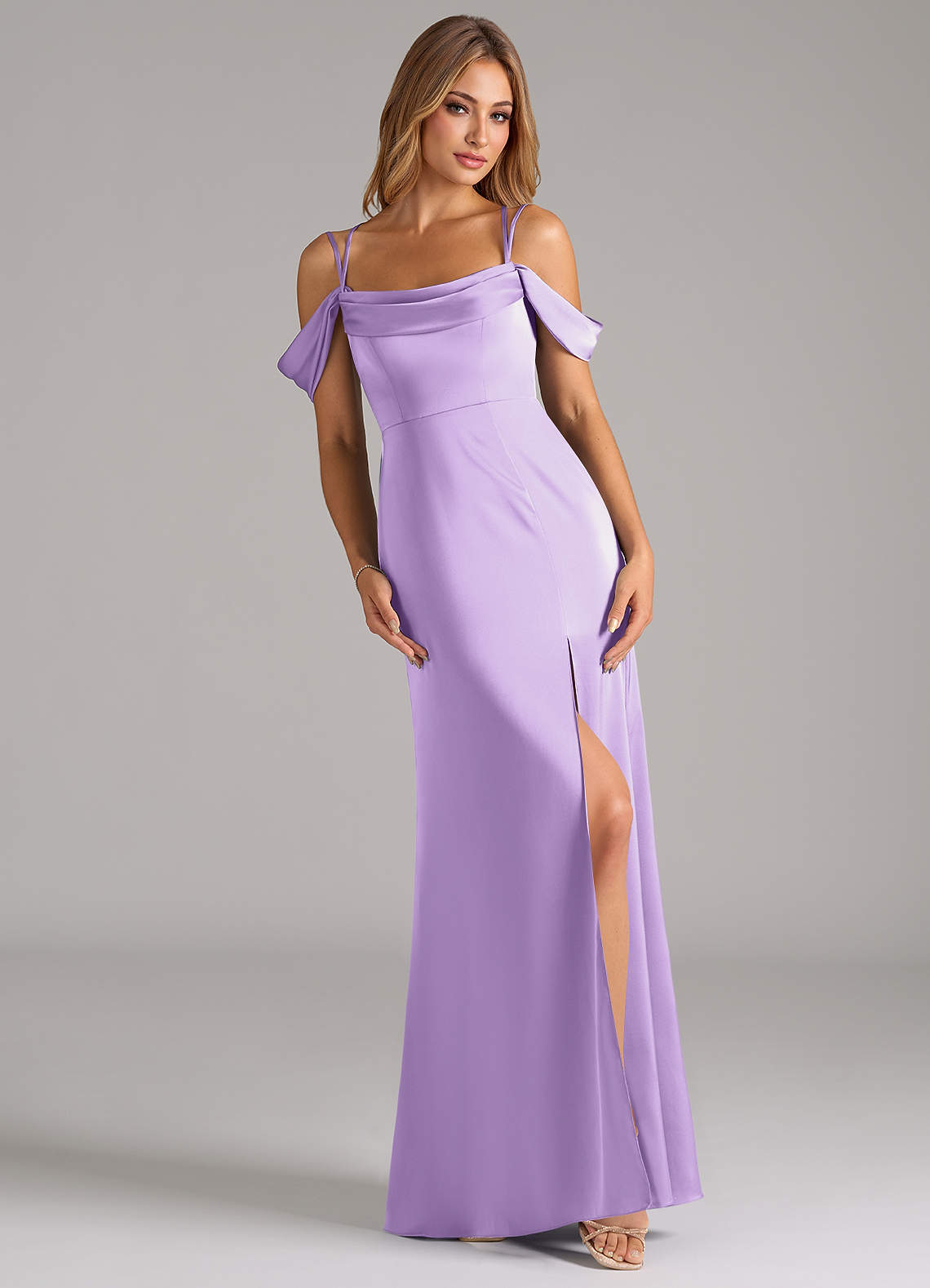 Azazie Callan Bridesmaid Dresses Lilac A-Line Pleated Stretch Satin Convertible Dress image1