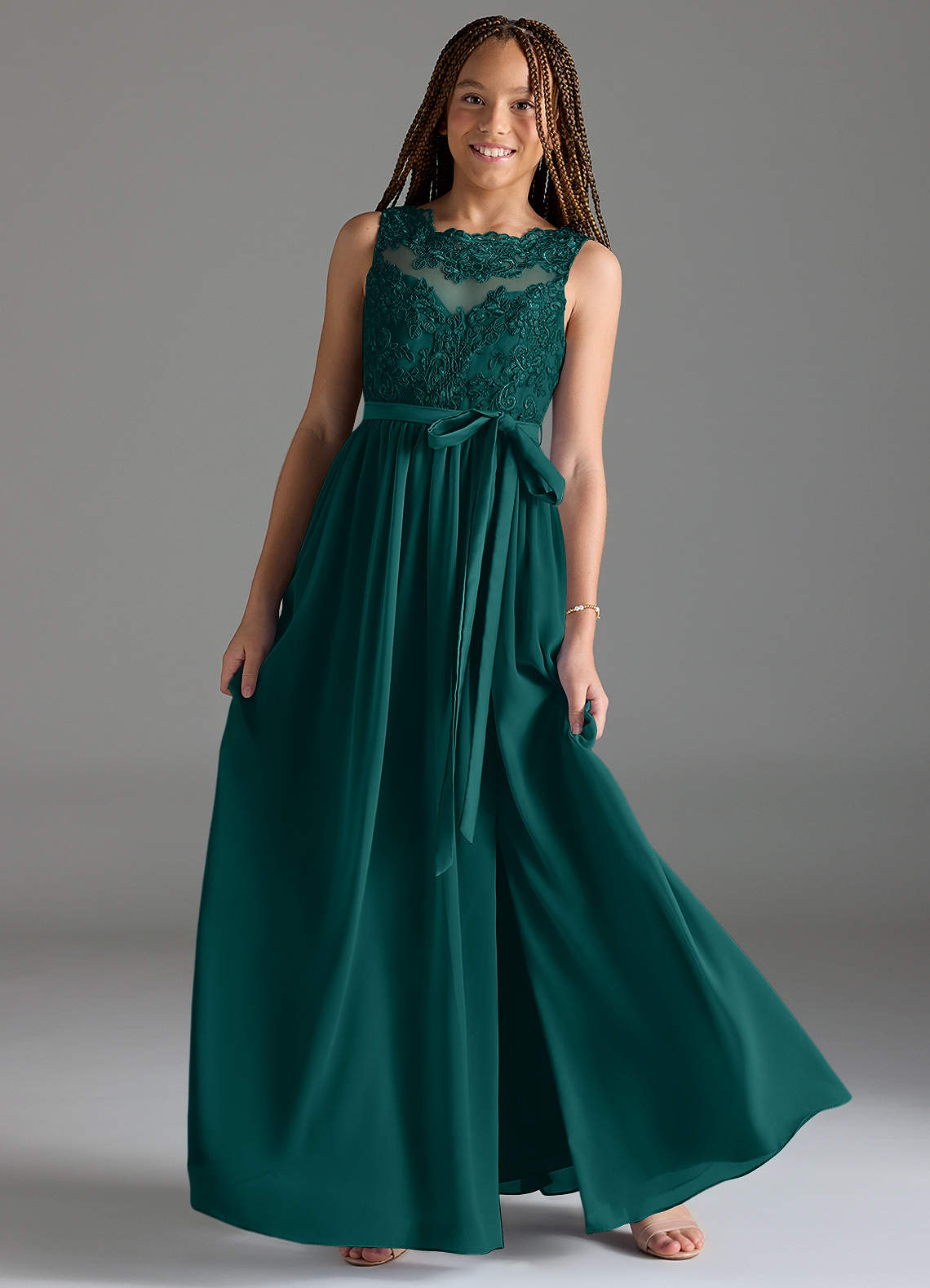 Azazie Elly Junior Peacock A-Line Lace Chiffon Dress image1