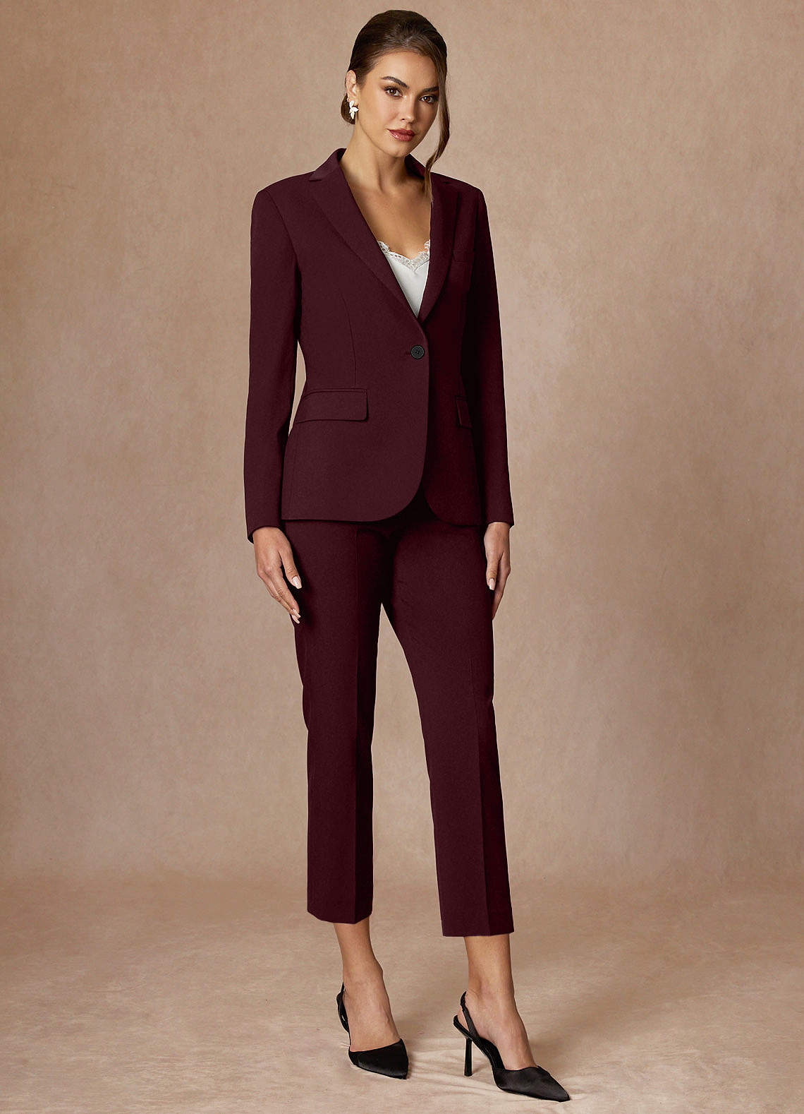 front Kennedy Cabernet Structured Stretch Pants Suit