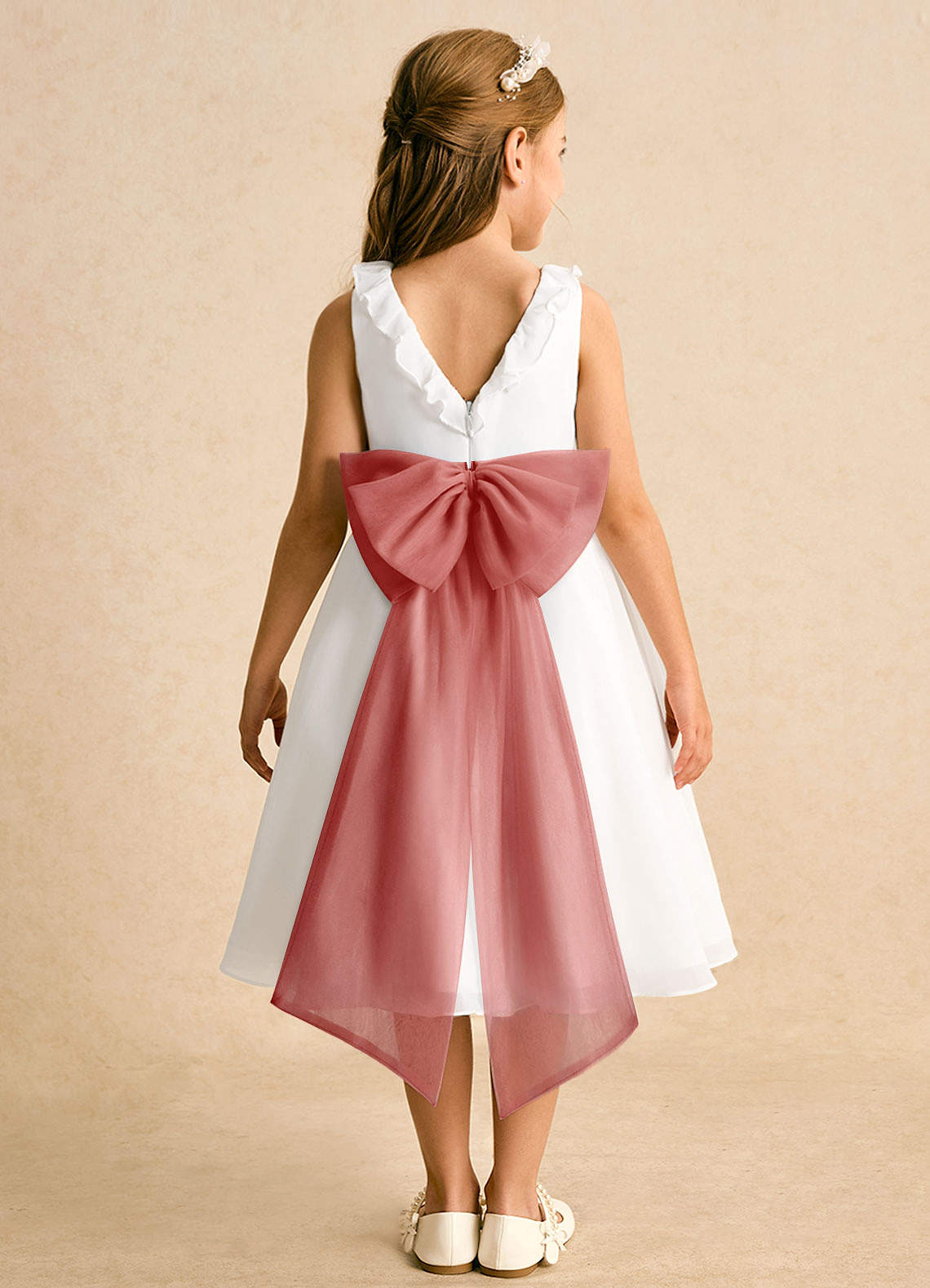Azazie Dani Flower Girl Dresses Ivory Antique Rose A-Line Bow Chiffon Dress image6