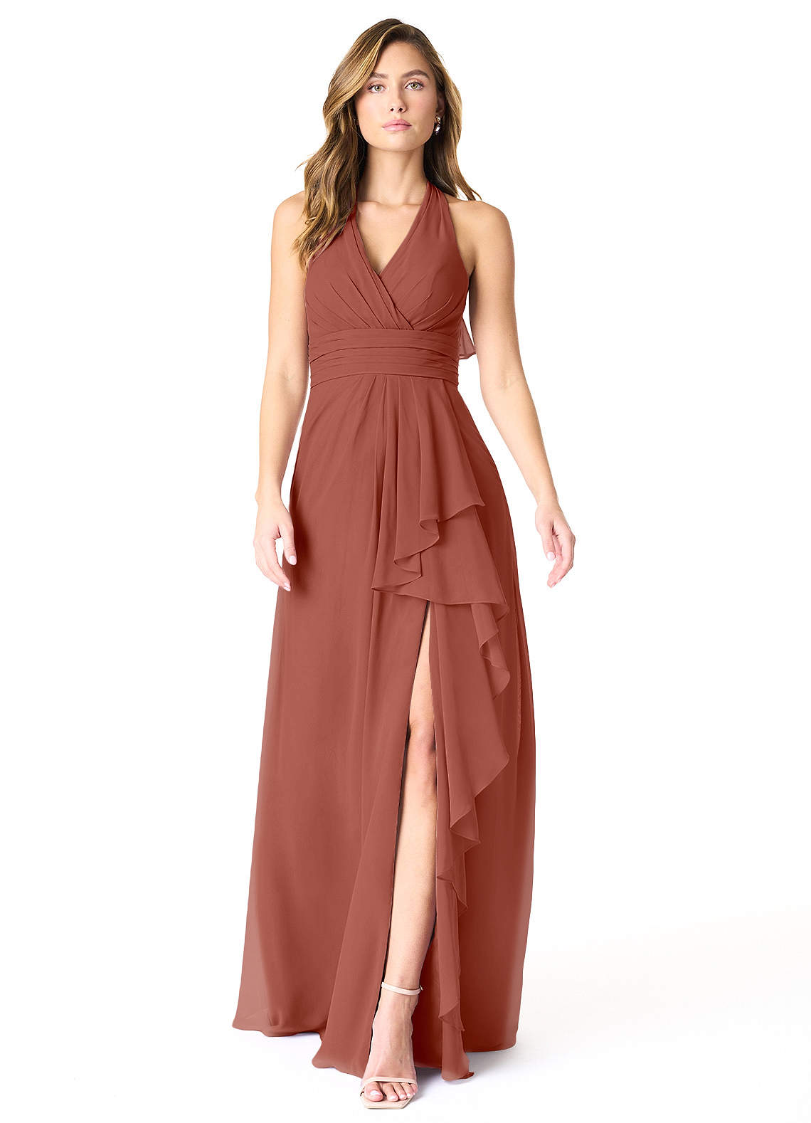 Azazie Aviv Brautjungfernkleider A-Linie Plissee Chiffon Kleid Rotbraun image1