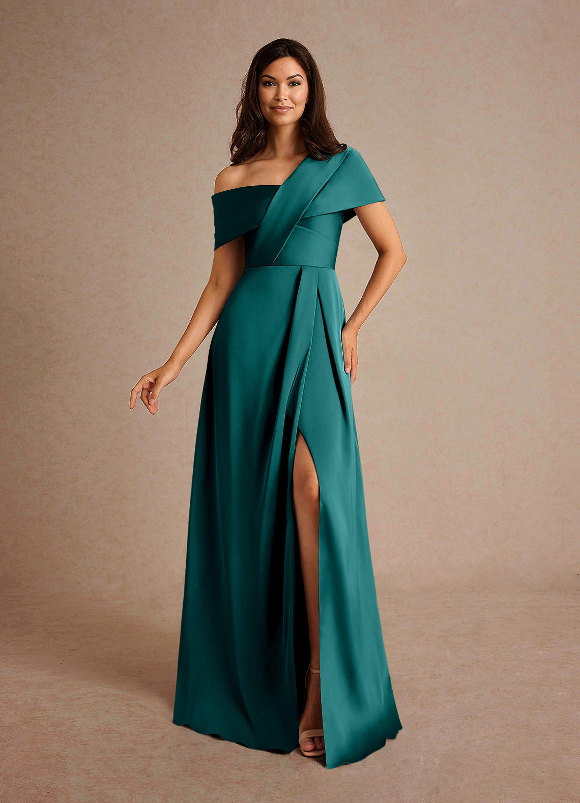 Azazie Milton Mother of the Bride Dresses Peacock A-Line Pleated Stretch Satin Dress image1