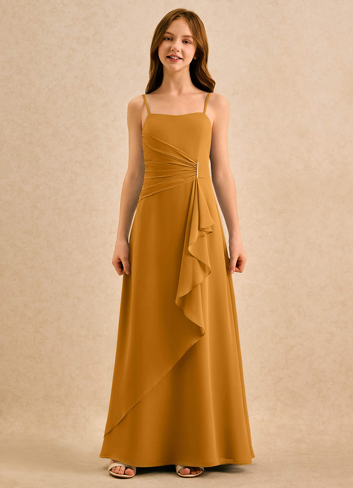 Azazie lolly Girls Formal Robe Demoiselle D'honneur Fillette Robe Trapèze en Mousseline de soie Plissée Caramel écossais image3
