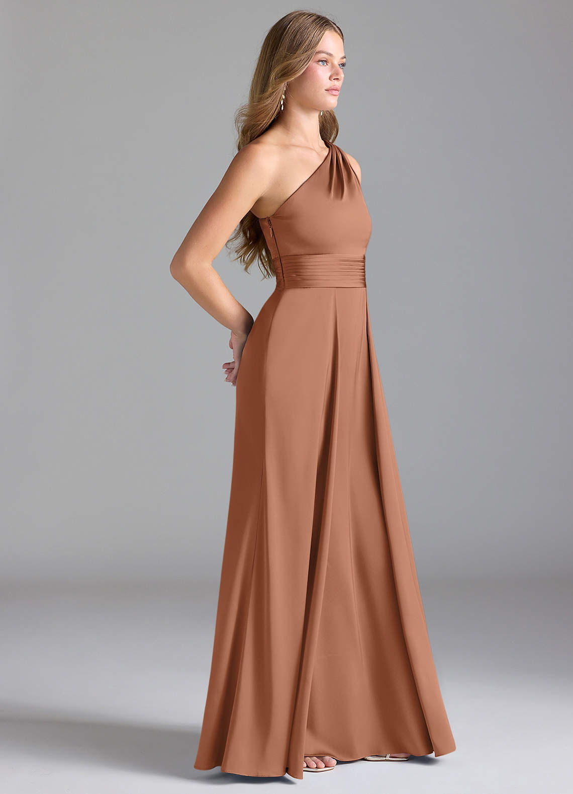 Azazie Dallas Probar vestidos en casa Vestido de Agave de Satén Elástico de Corte en A con Hombro unilateral image3