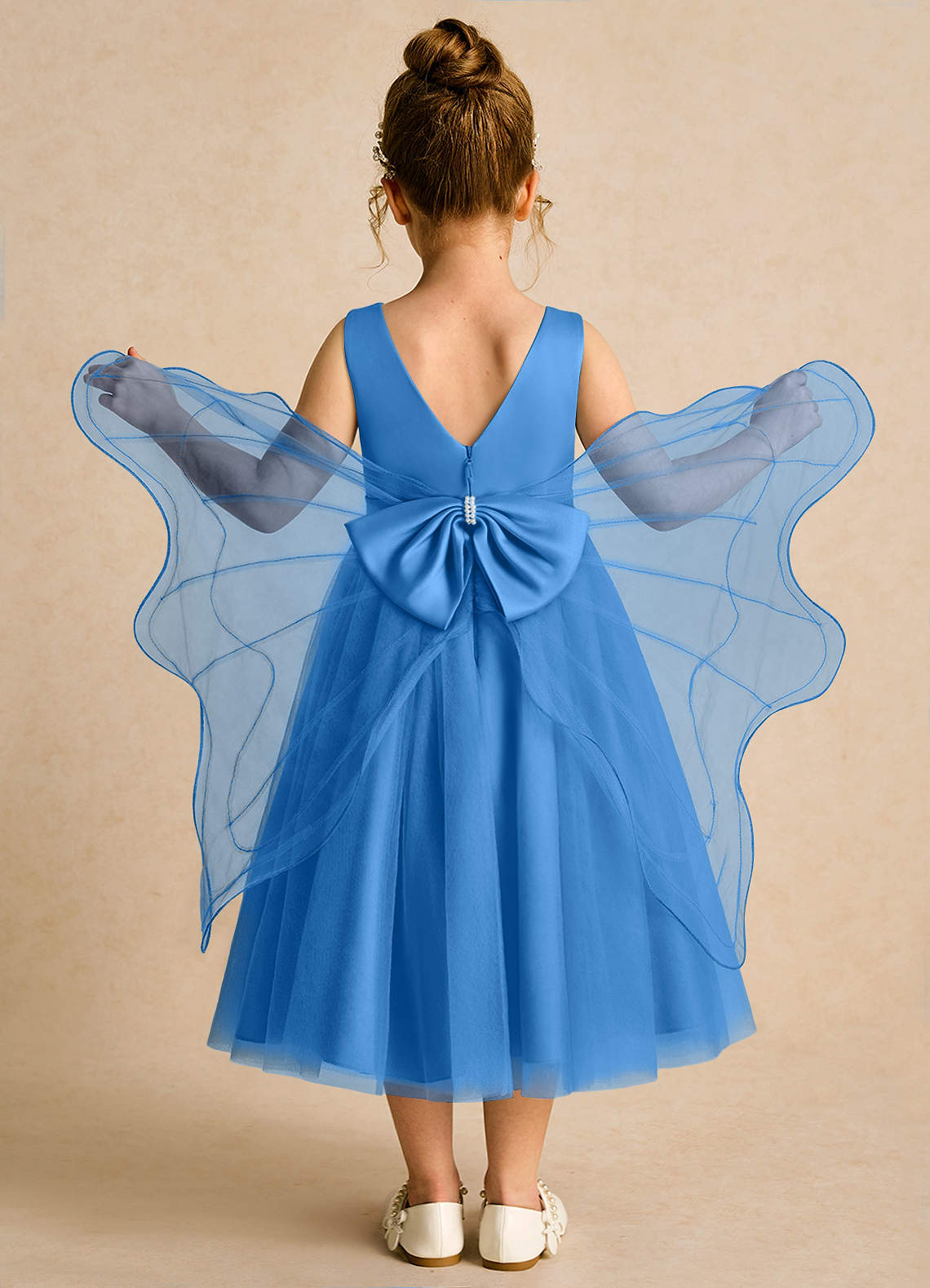Azazie Pear Abiti da Ragazza di Fiori Abito Principessa in Tulle Fiocco Blue Jay image1