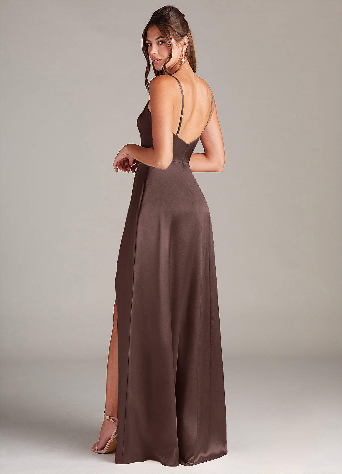 Azazie Sarella Bridesmaid Dresses Ganache A-Line Pleated Stretch Satin Dress image3