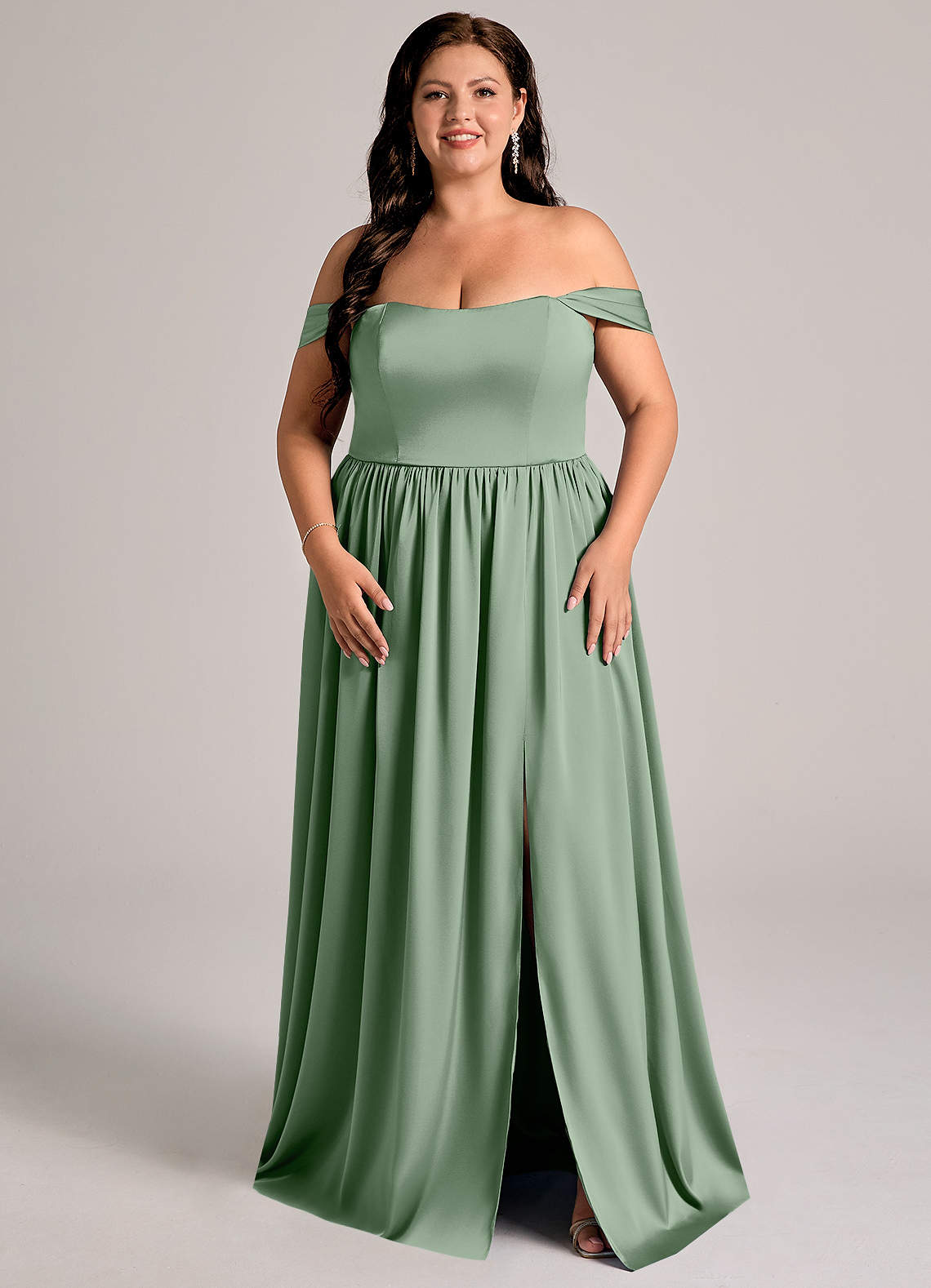 Azazie Calianna Bridesmaid Dresses Matcha A-Line Off the Shoulder Stretch Satin Convertible Dress image1