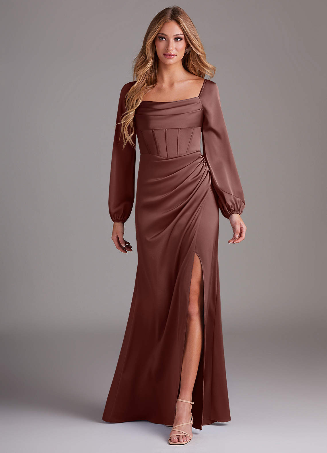 Azazie Charissa Bridesmaid Dresses Espresso Sheath Long Sleeve Stretch Satin Dress image1