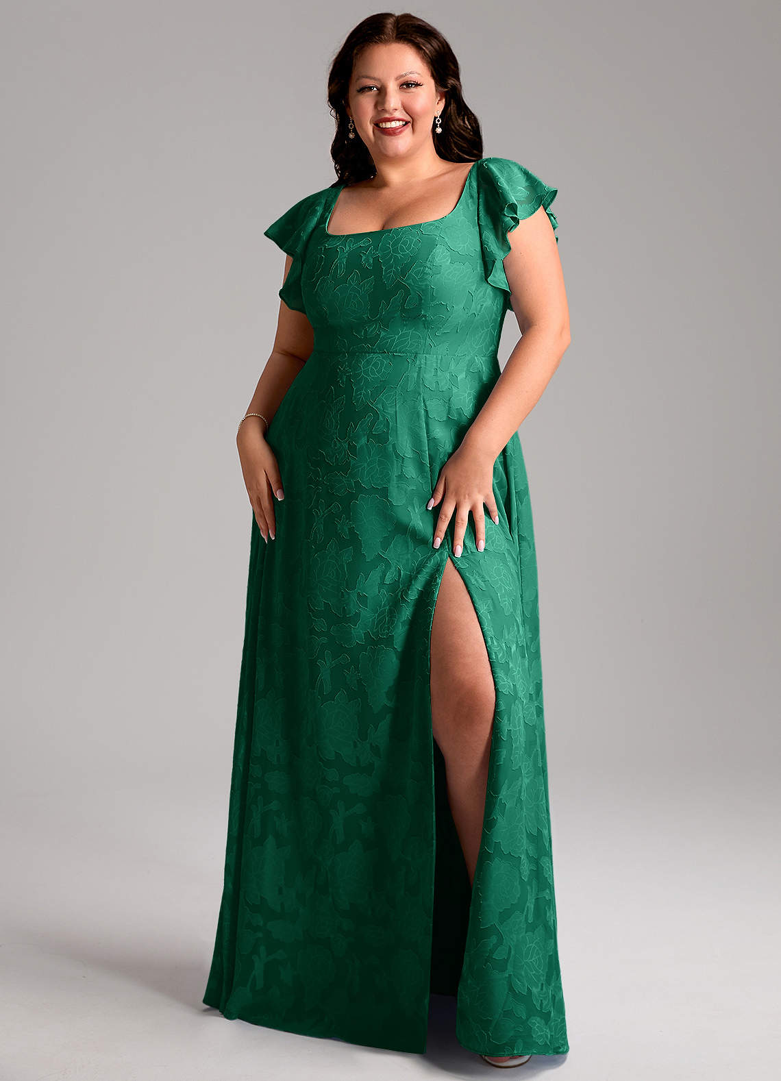 Azazie Bondi Bridesmaid Dresses Emerald A-Line Side Slit Floral Burnout Dress image1