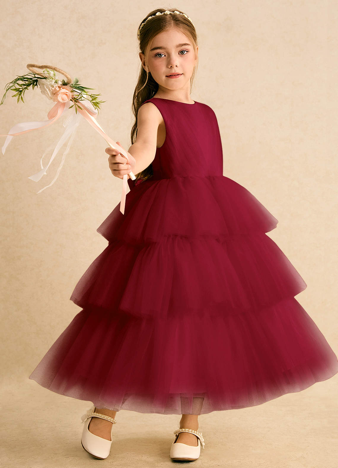 Azazie Marshmallow Blumenmädchenkleider Ballkleid Schleifen Tüll Kleid Burgunderrot image1