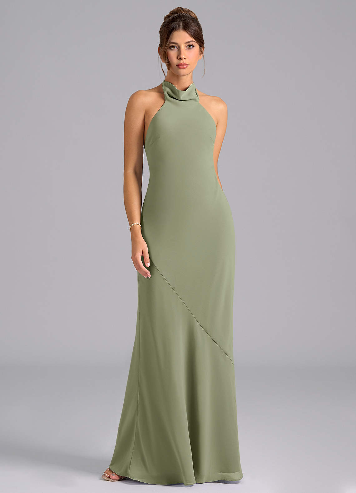 Azazie Velli Essayer des robes à la maison Robe Sirène en Mousseline de soie Col Haut Bleu Poussiéreux image5