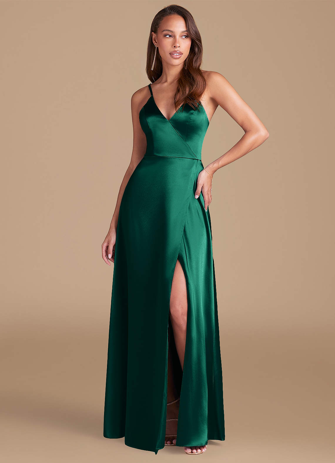 Azazie Maksim Bridesmaid Dresses Emerald A-Line Metallic Satin Dress image1