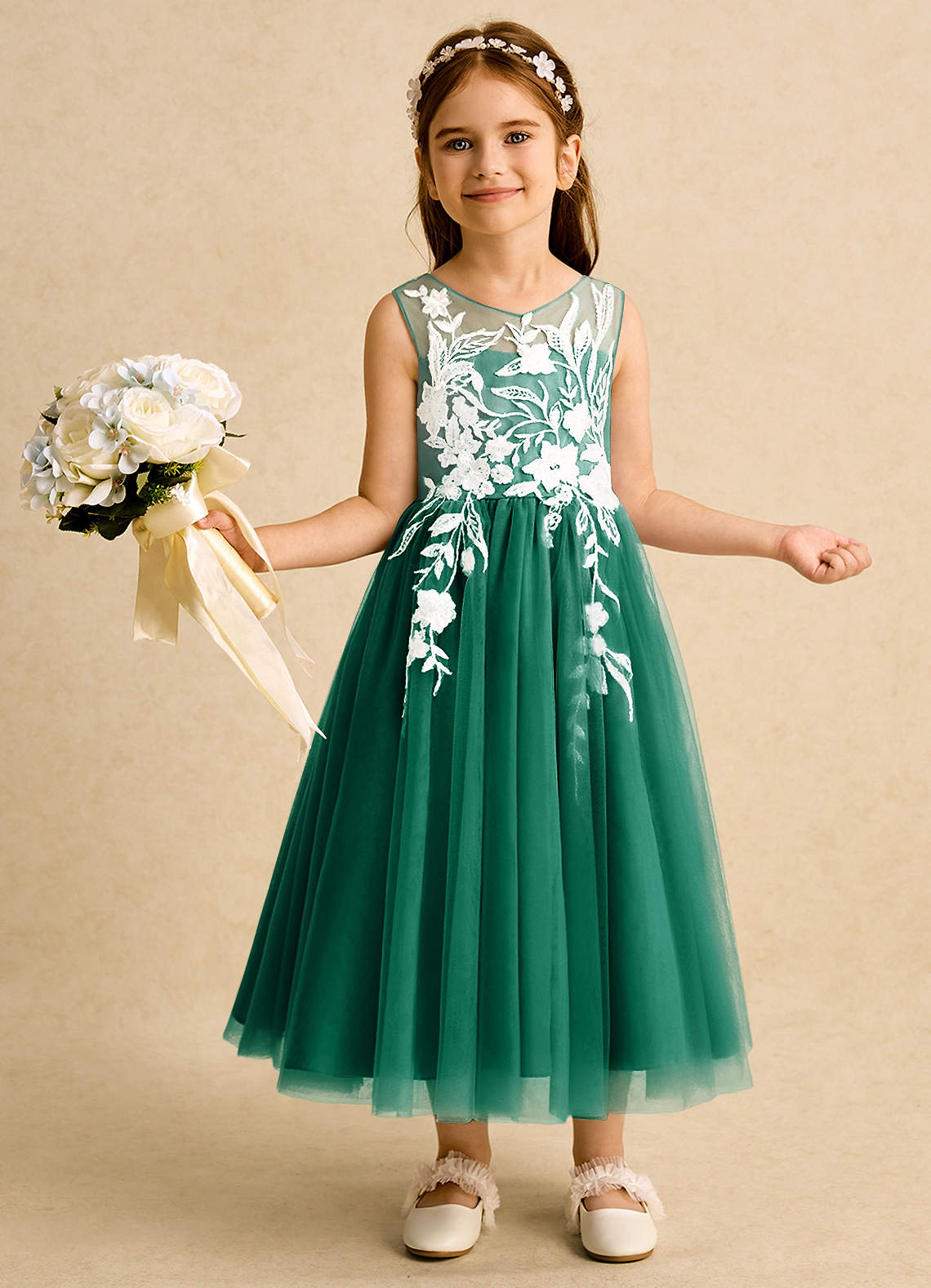 Azazie Sundae Flower Girl Dresses Emerald Ball-Gown Lace Dress image1