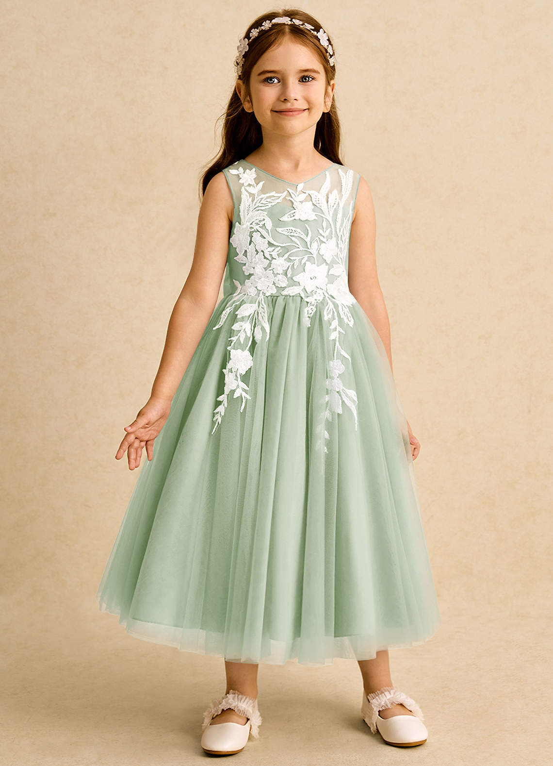 Azazie Sundae Blumenmädchenkleider Ballkleid Spitze Kleid Staubiger Salbeigrün image4