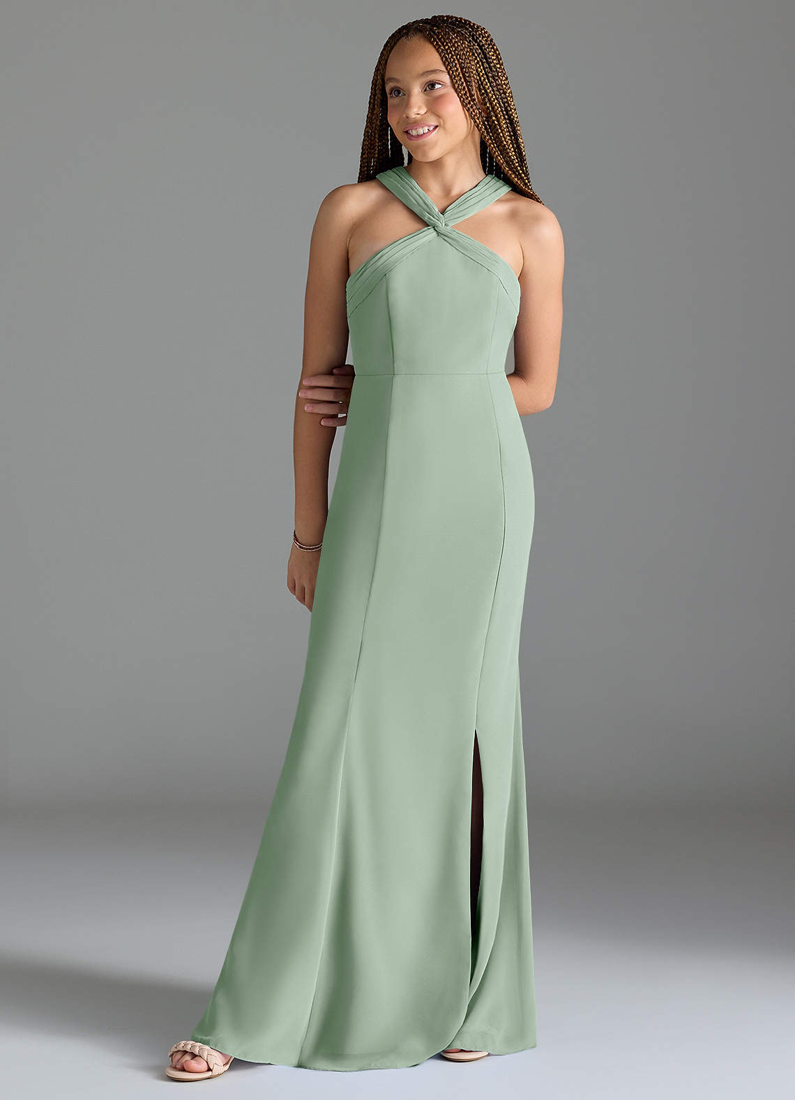 Azazie Rue Junior Meerjungfrau-Linie Seitliche Cut-Outs Chiffon Kleid Agave image1