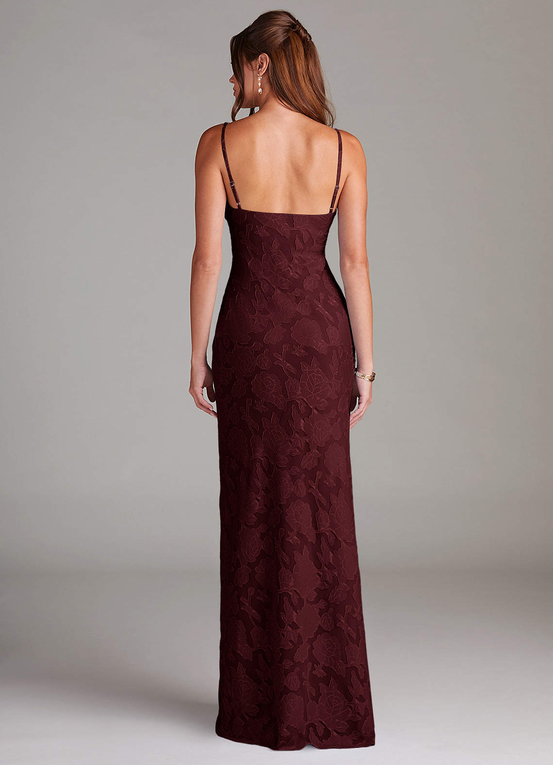 Azazie Tianna Bridesmaid Dresses Cabernet Sheath Lace Floral Burnout Dress image1