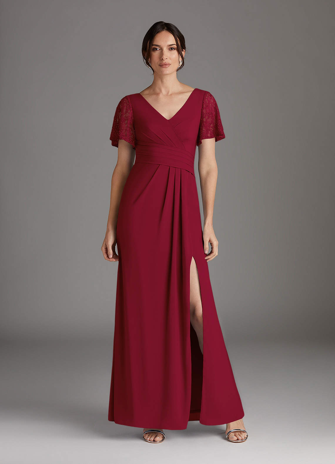 Azazie Jannie Abiti per la Madre della Sposa Abito A-Line in Chiffon Elasticizzato con Scollo a V in Pizzo Burgundy image1