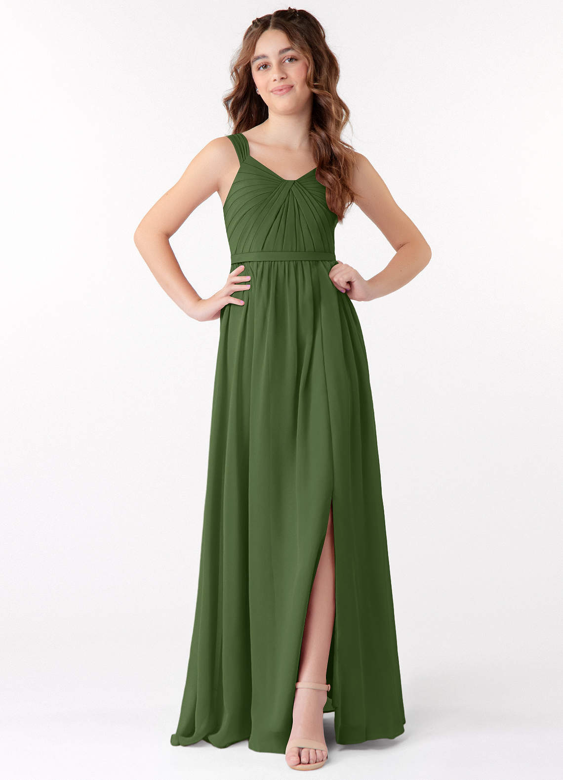 Azazie Evie Junior A라인 주름진 쉬폰 플로어 길이 주니어 신부 들러리 드레스 image1