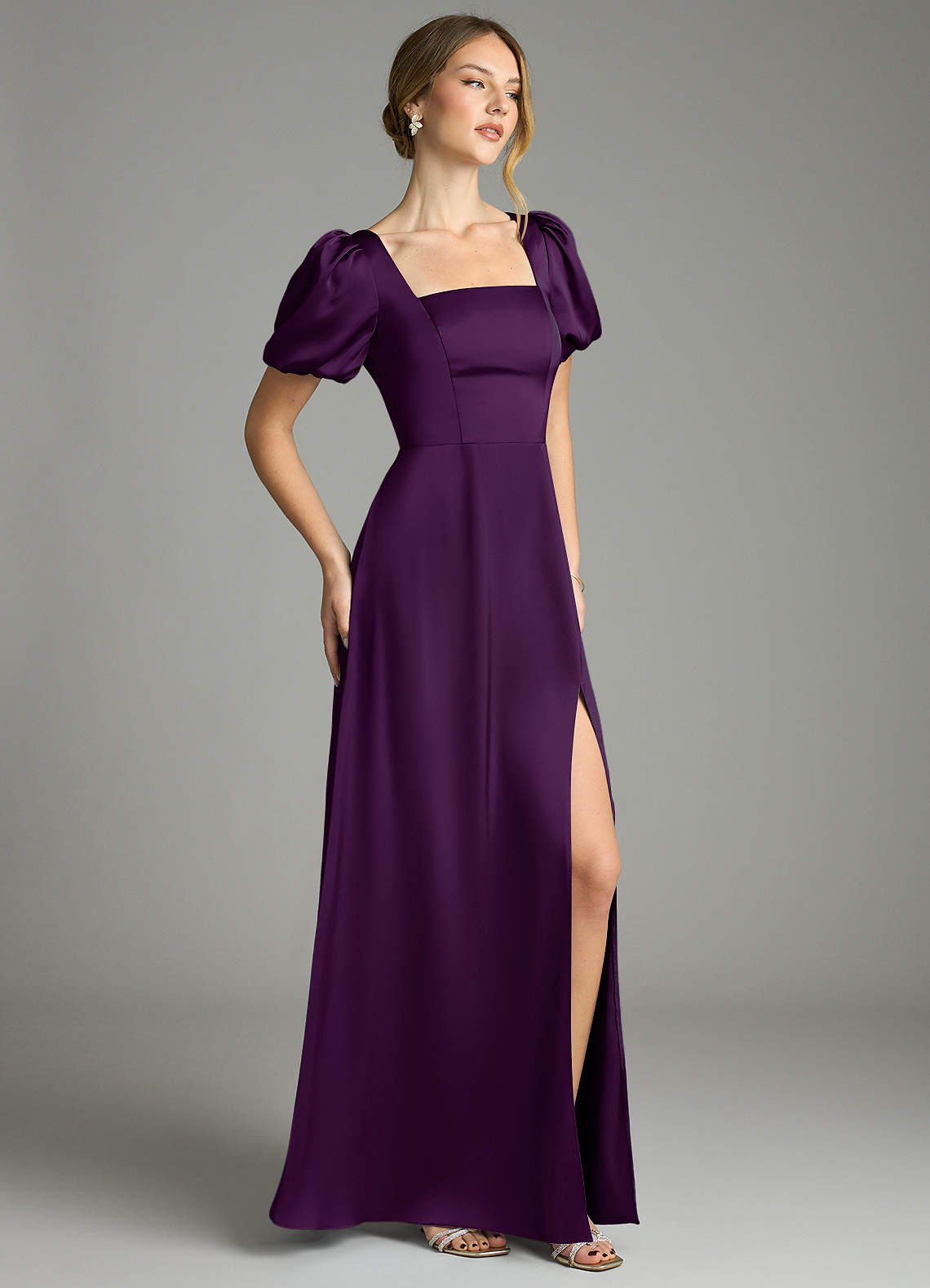 Azazie Fyona Vestidos de damas de honor Vestido de Uva de Satén Elástico de Línea A con Plisado image10