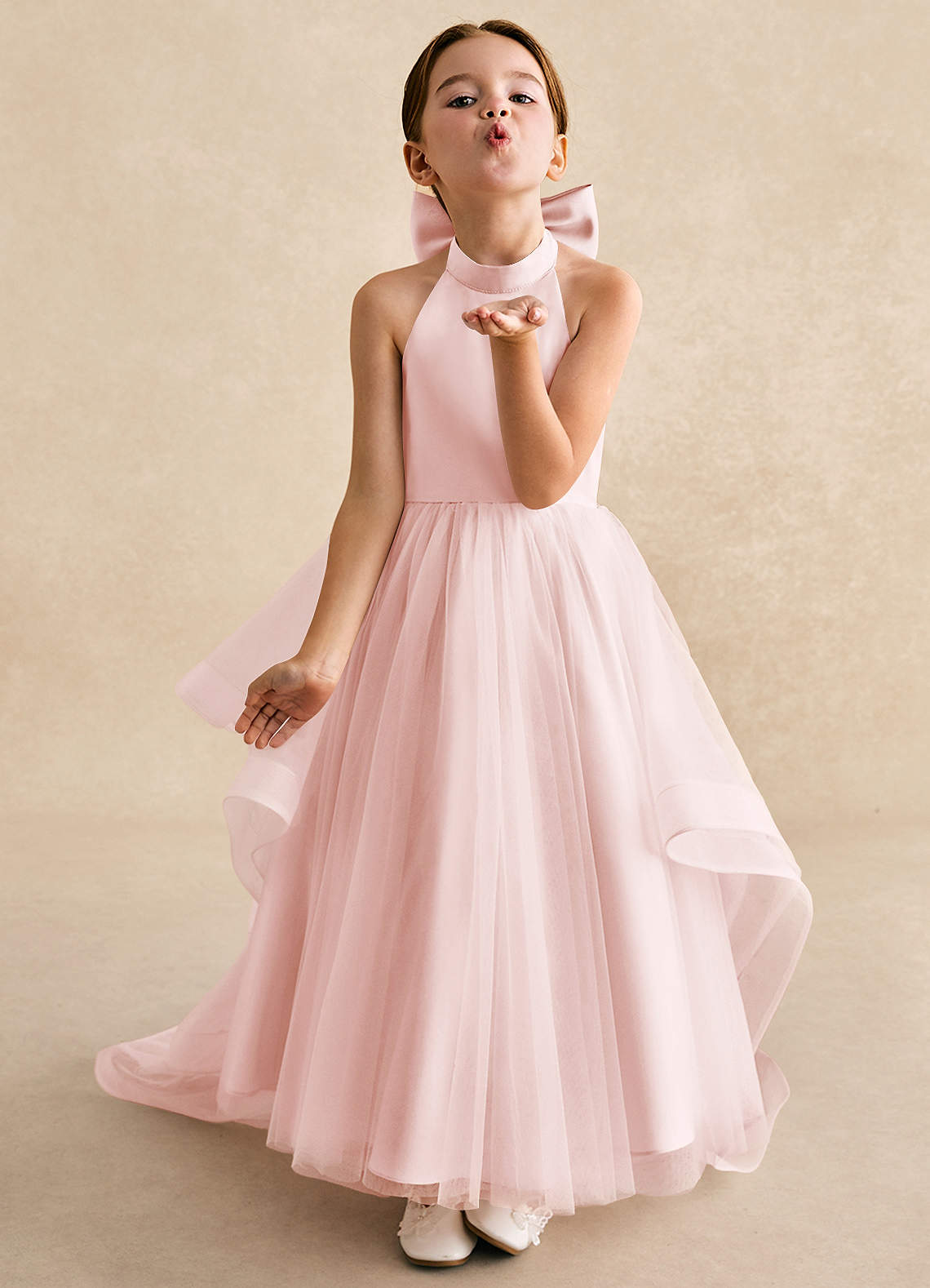 Azazie Bev Flower Girl Dresses Blushing Pink A-Line Convertible Tulle Dress image3
