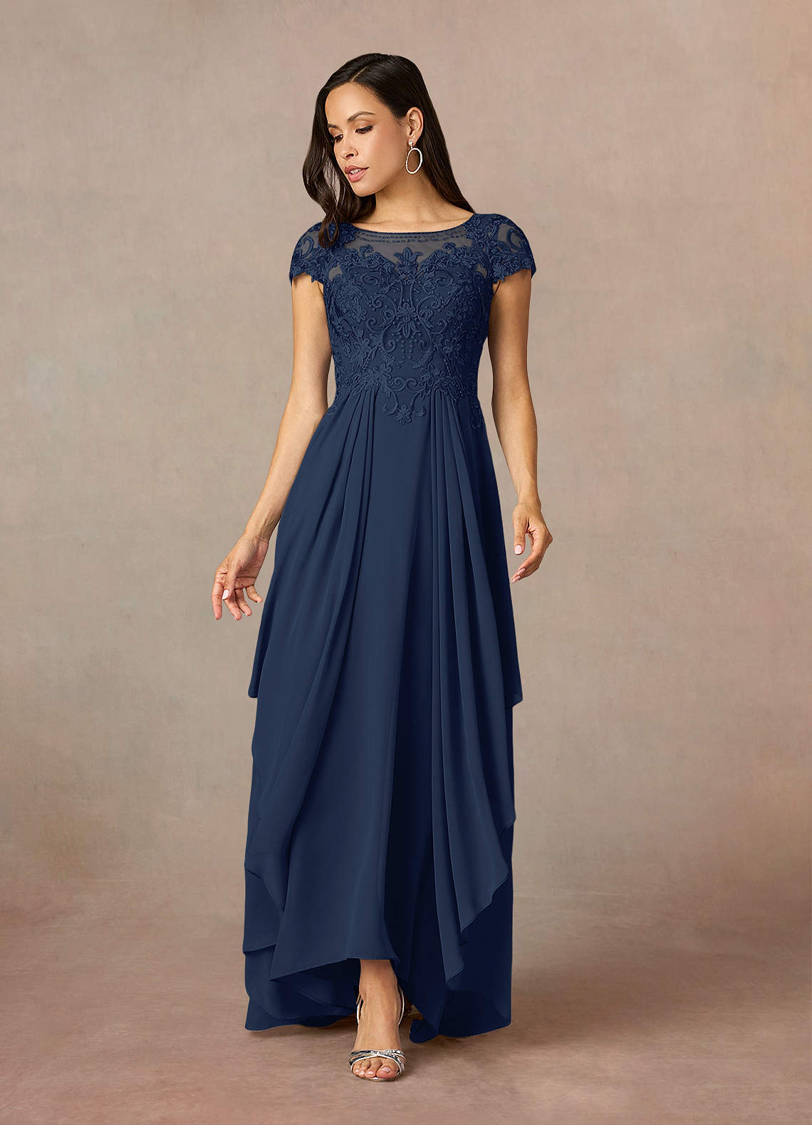 Azazie Lunda Dark Navy A-Line Lace Chiffon Dress | Azazie