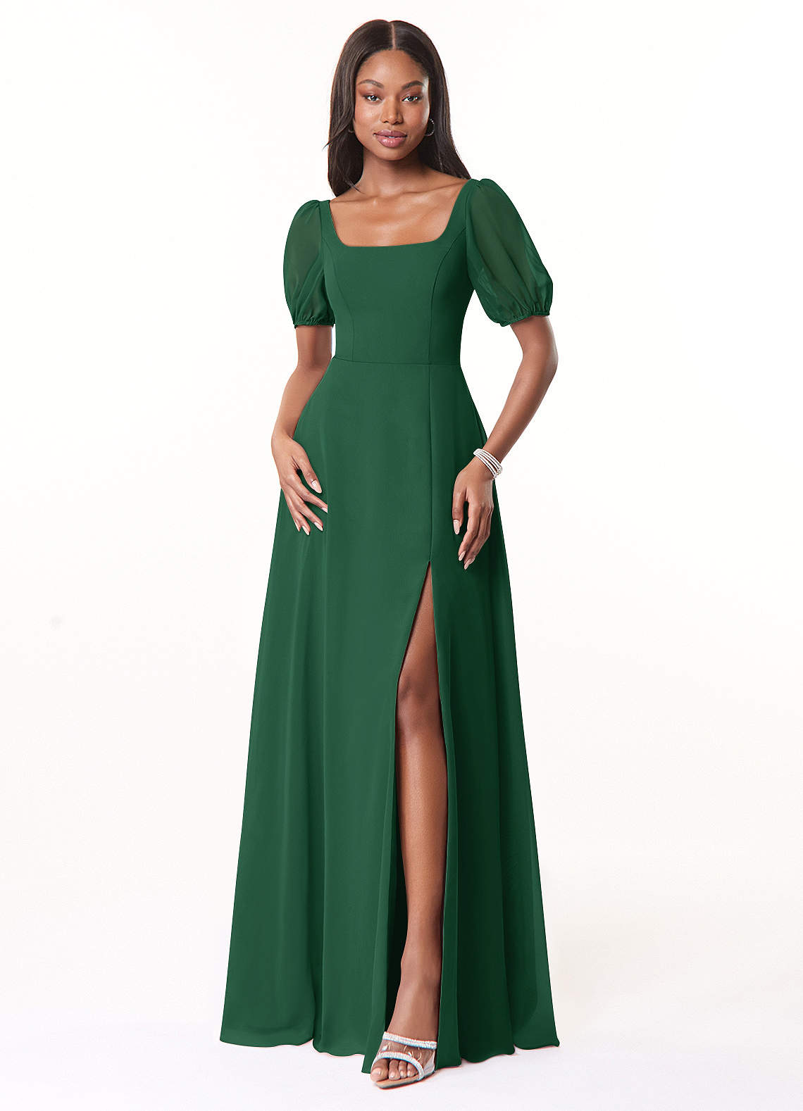 Azazie Alani Bridesmaid Dresses Dark Green A-Line Square Neckline Chiffon Dress image1