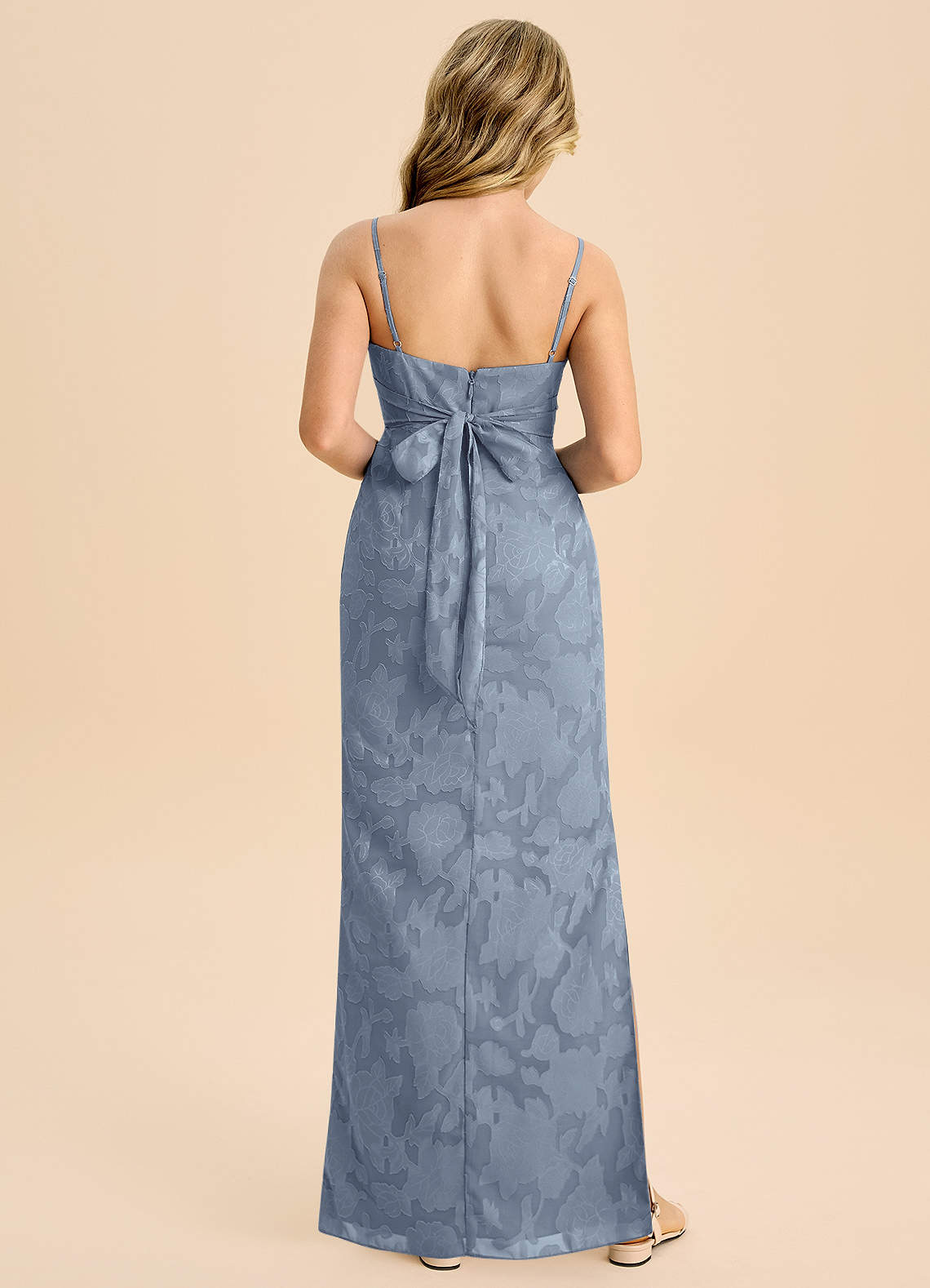 Azazie Mai Junior Dusty Blue Sheath Pleated Floral Burnout Dress image1