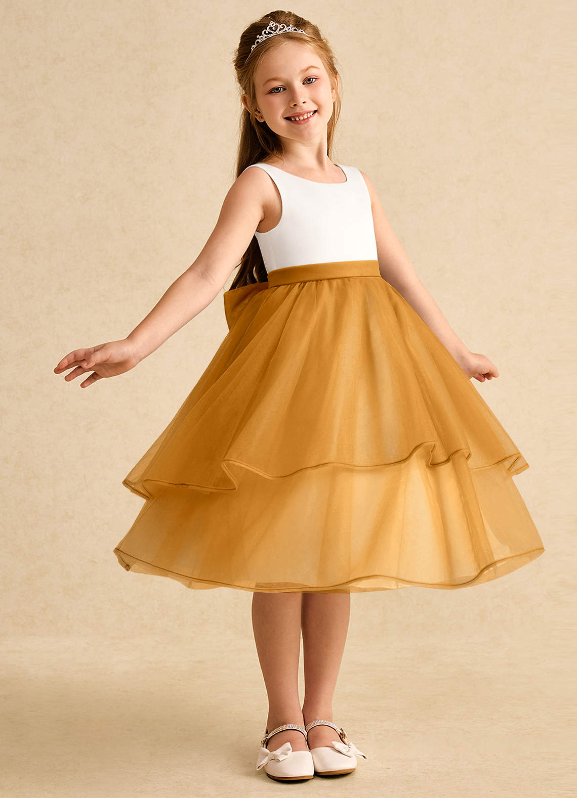 Azazie Rene Blumenmädchenkleider A-Linie Schleifen Tüll Kleid Elfenbein Butterscotch image1