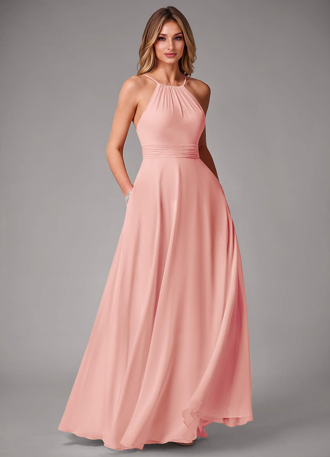 Azazie Amalia Brautjungfernkleider A-Linie Plissee Chiffon Kleid Rosettenrosa image1