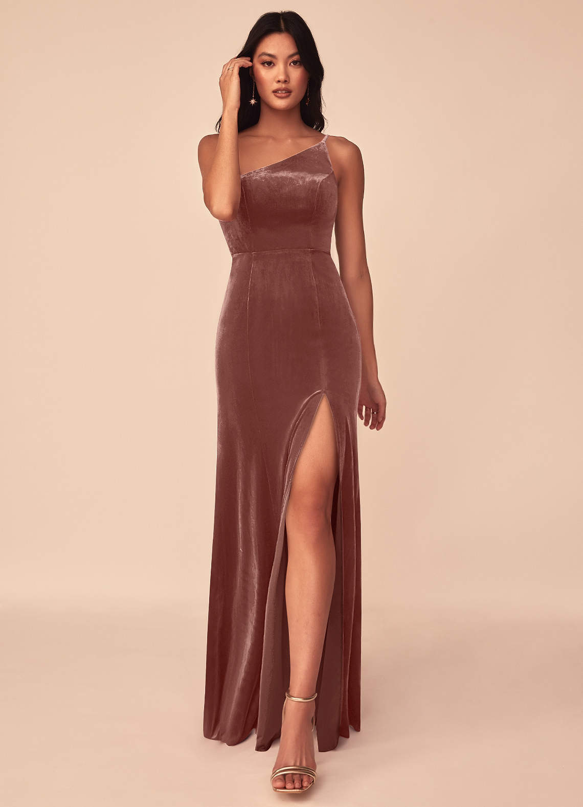 Azazie Kala Bridesmaid Dresses Rustic Rose A-Line One Shoulder Velvet Dress image1