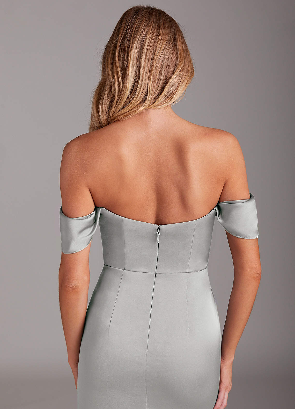 azazie silver bridesmaid dress Azazie Sheath Off-The-Shoulder Floor-Length Metallic Satin Bridesmaid Dresses