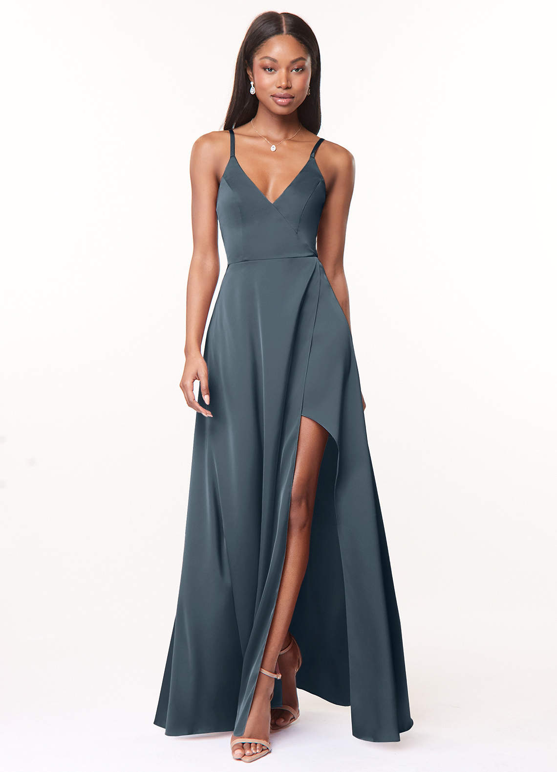 Azazie Maksim Bridesmaid Dresses Twilight A-Line V-Neck Stretch Satin Dress image1