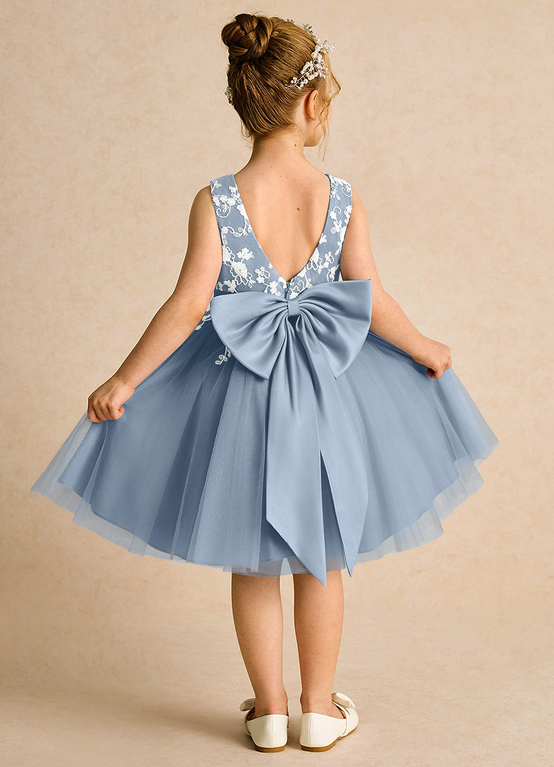 Azazie Butterfly Flower Girl Dresses Dusty Blue A-Line Lace Dress image1