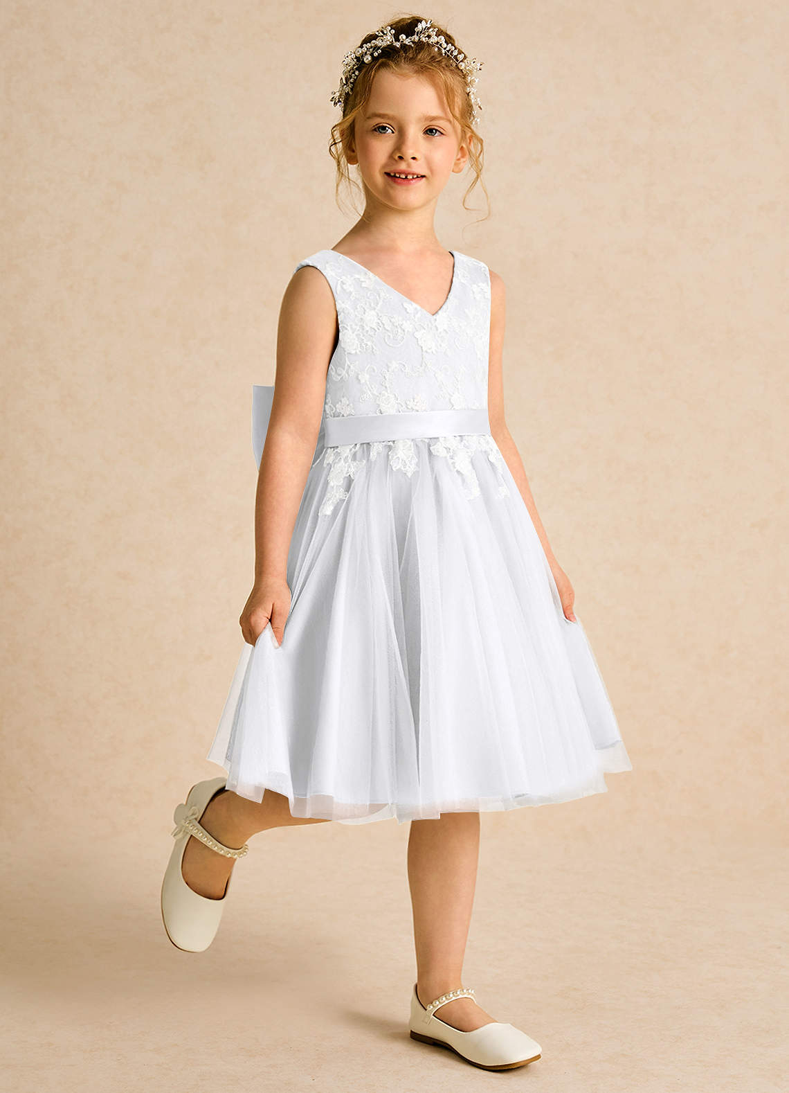 Azazie Butterfly Flower Girl Dresses White A-Line Lace Dress image2