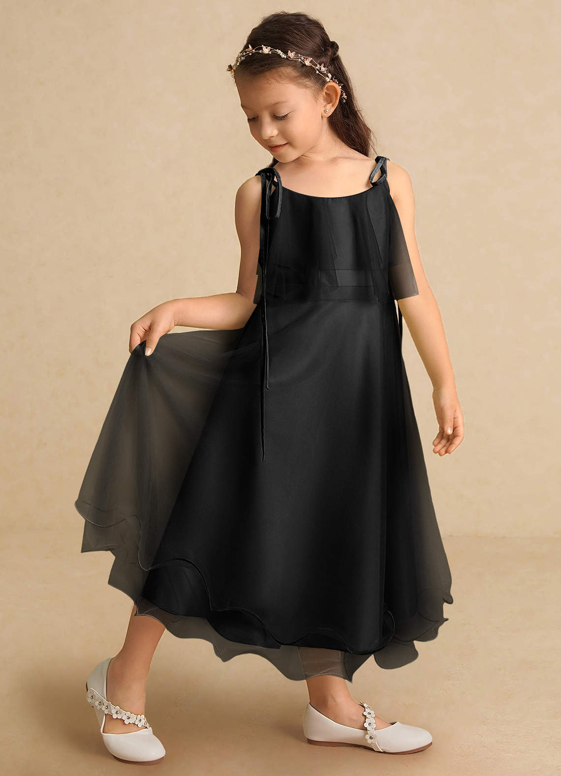 Azazie Bunie Flower Girl Dresses Black A-Line Spaghetti Strap Tulle Dress image1