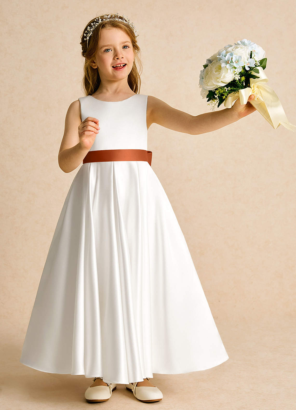 Azazie Cherry Flower Girl Dresses Ivory Burnt Orange Ball-Gown Pleated Matte Satin Dress image1