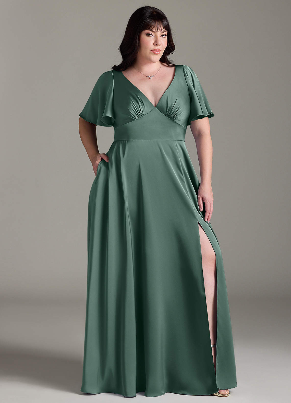 Azazie Kimber Bridesmaid Dresses Eucalyptus A-Line Ruched Stretch Satin Dress image8