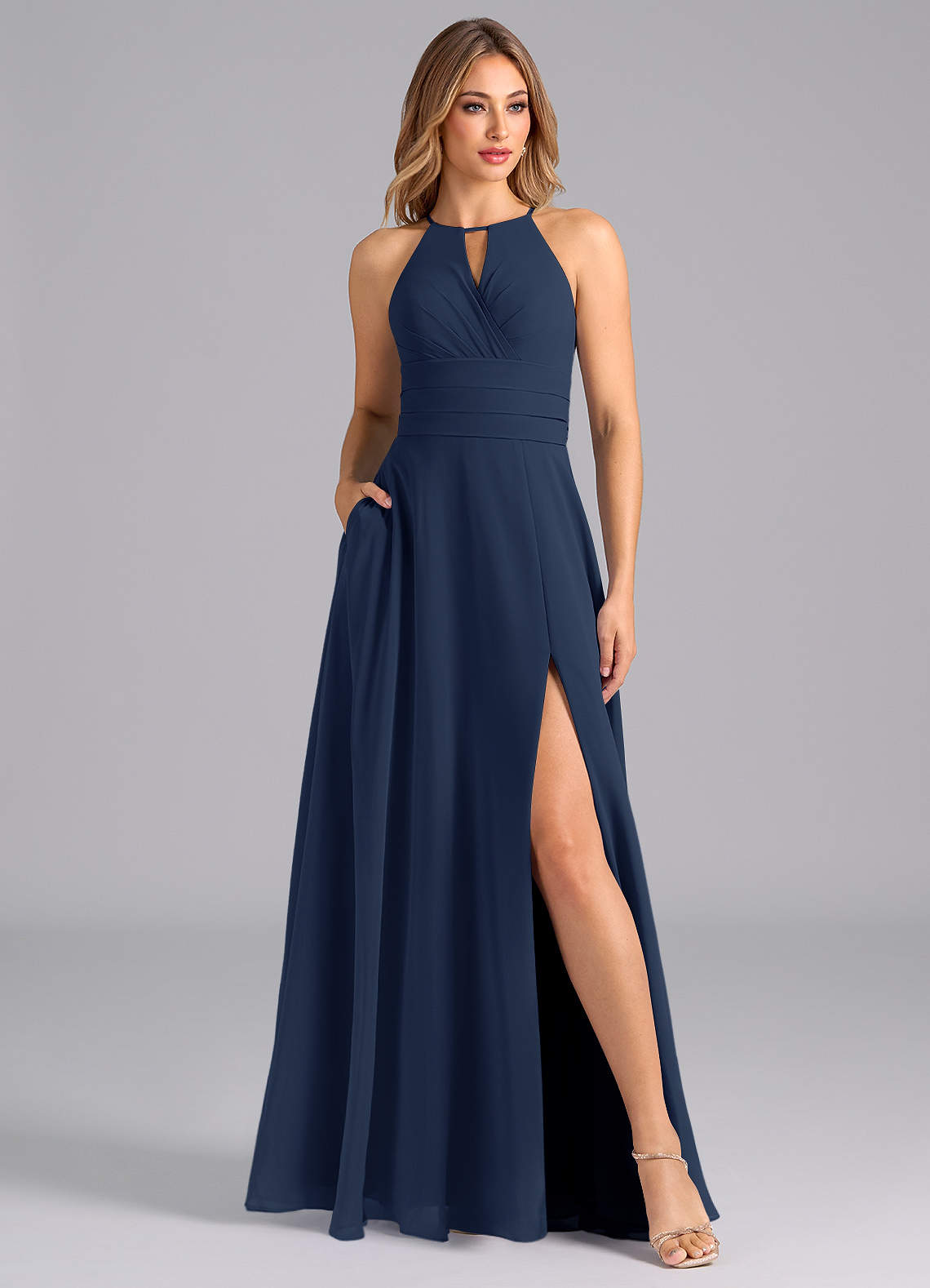 Azazie Denver Bridesmaid Dresses Dark Navy A-Line Pleated Chiffon Dress image1