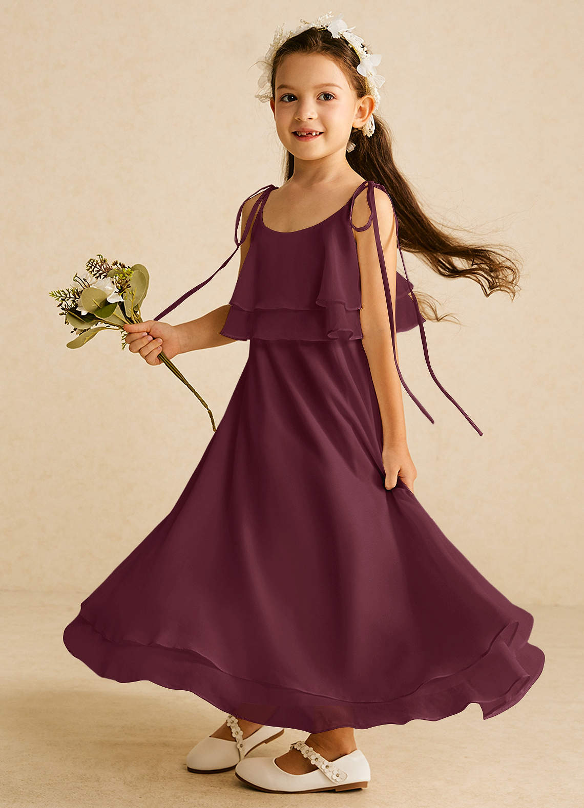 Azazie Temi Flower Girl Dresses Cabernet A-Line Spaghetti Strap Chiffon Dress image1