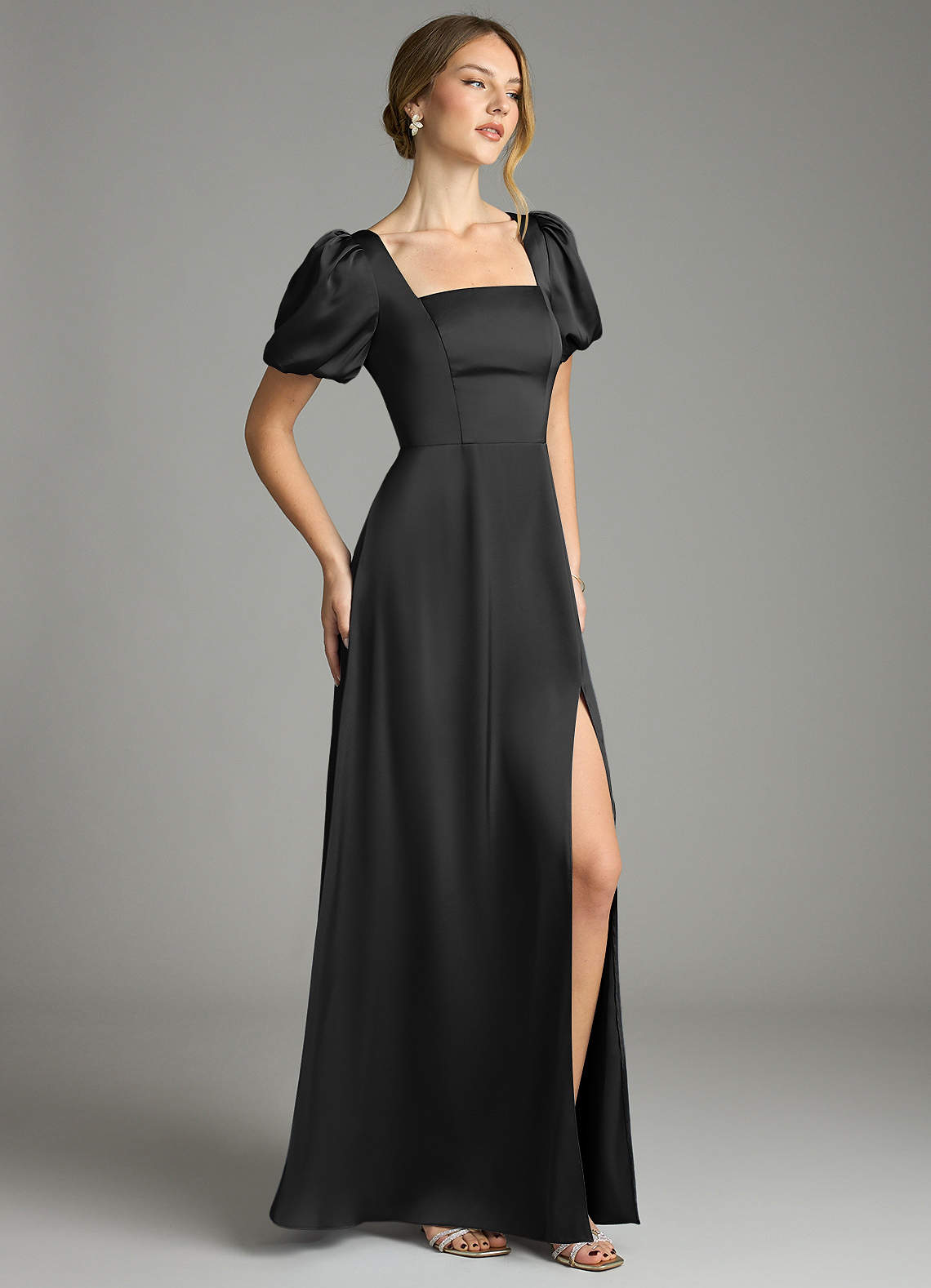 Azazie Fyona Vestidos de madrinha de casamento Vestido Preto de Cetim elástico de Linha A com Plissado image10