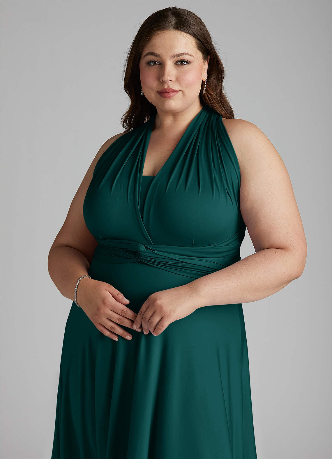 Azazie Infinity Jersey Knee Length Wrap A-Line Dress Emerald Bridesmaid ...