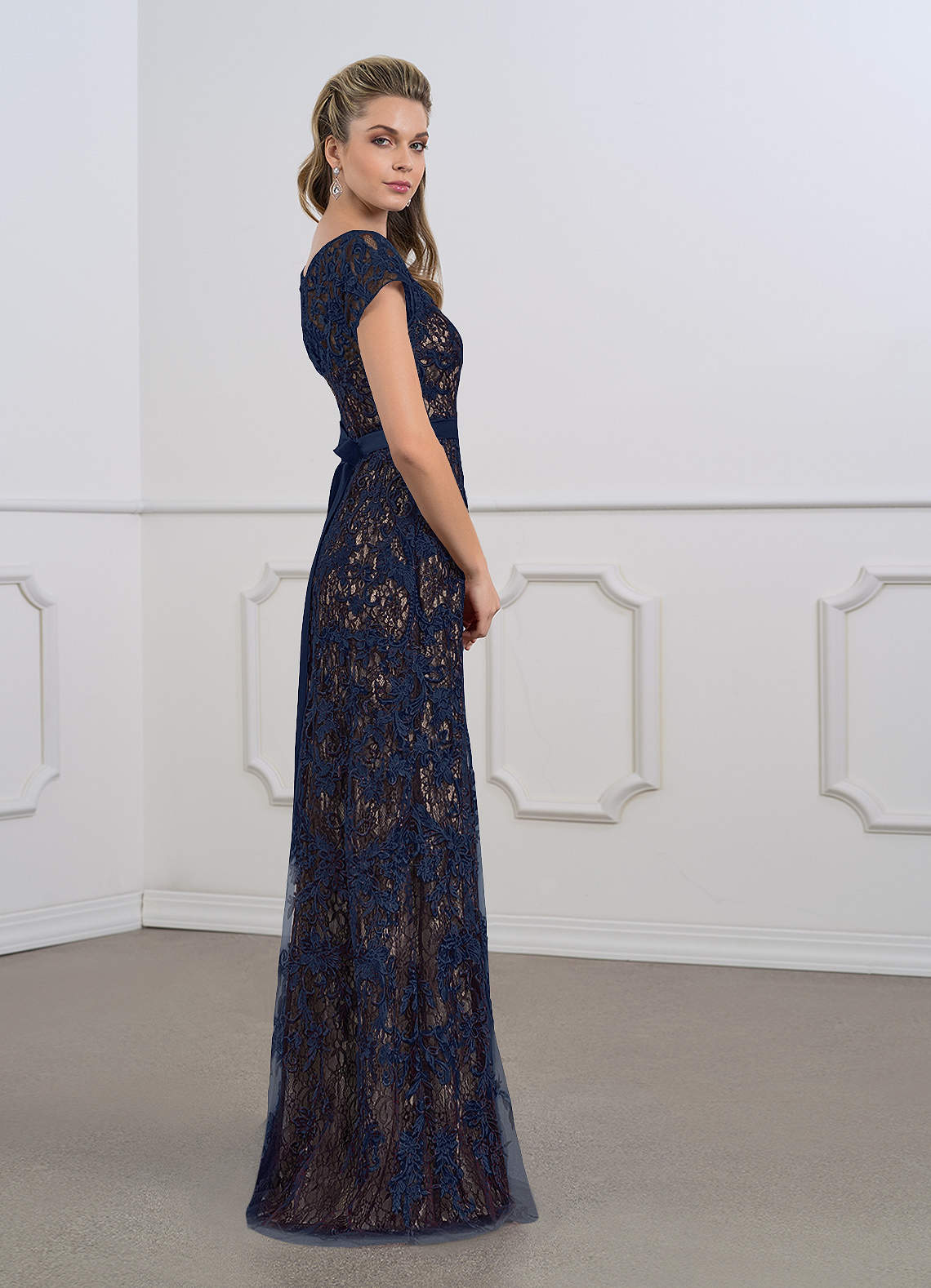 Azazie Dorit Dark Navy Champagne Sheath Scoop Lace Dress Ready to Ship |  Azazie