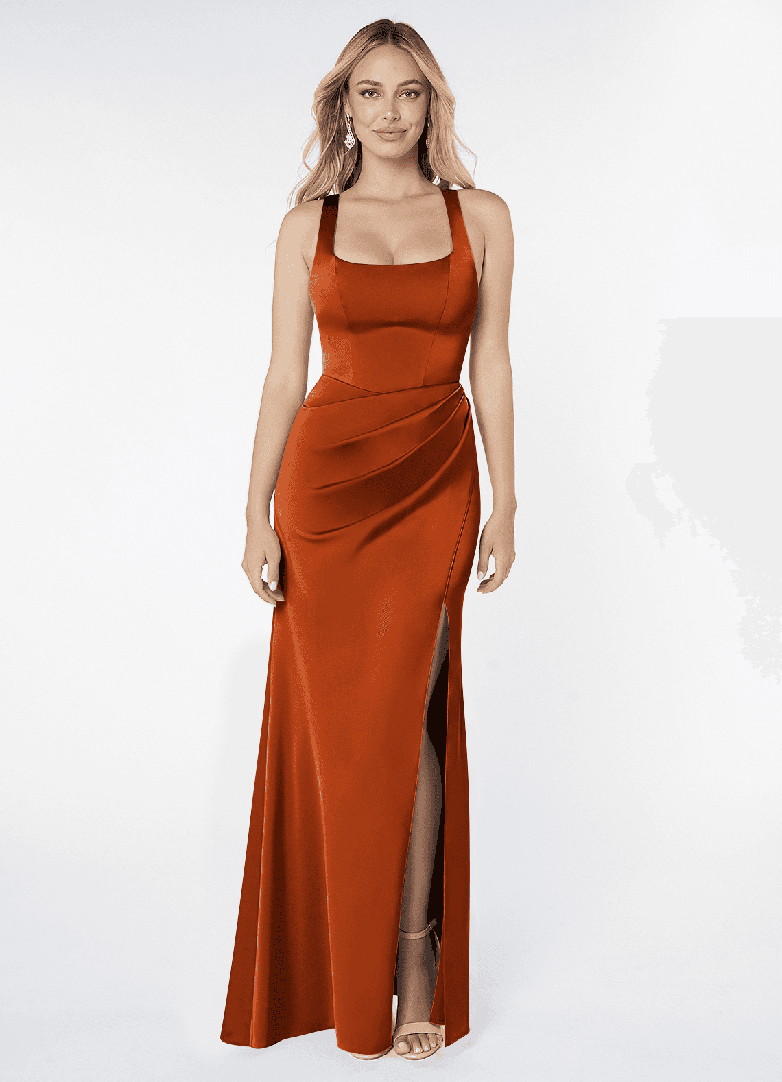 Azazie Mero Bridesmaid Dresses Burnt Orange Sheath Pleated Stretch Satin Dress image1
