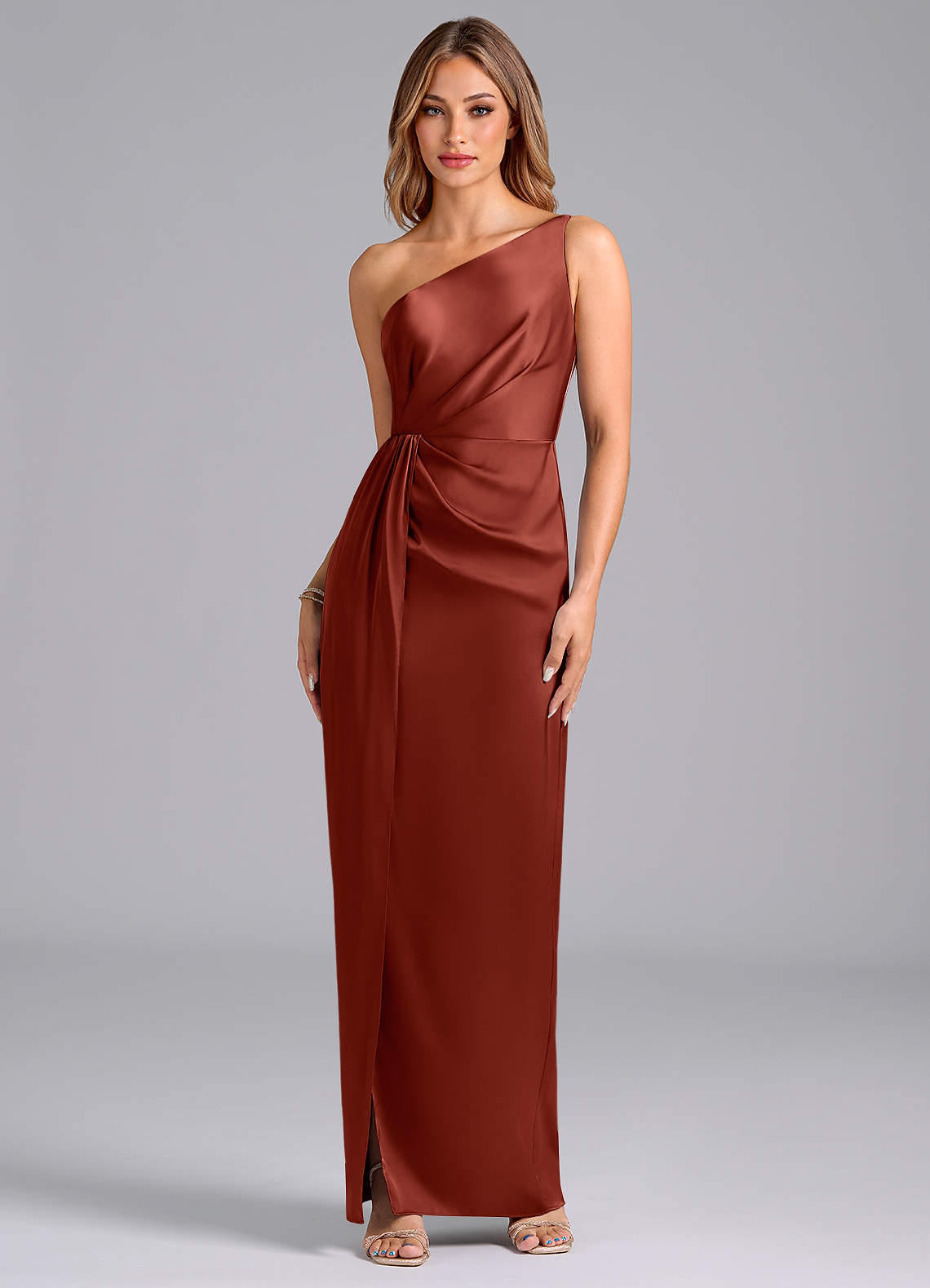 Azazie Naria Bridesmaid Dresses Terracotta Sheath One Shoulder Stretch Satin Dress image1
