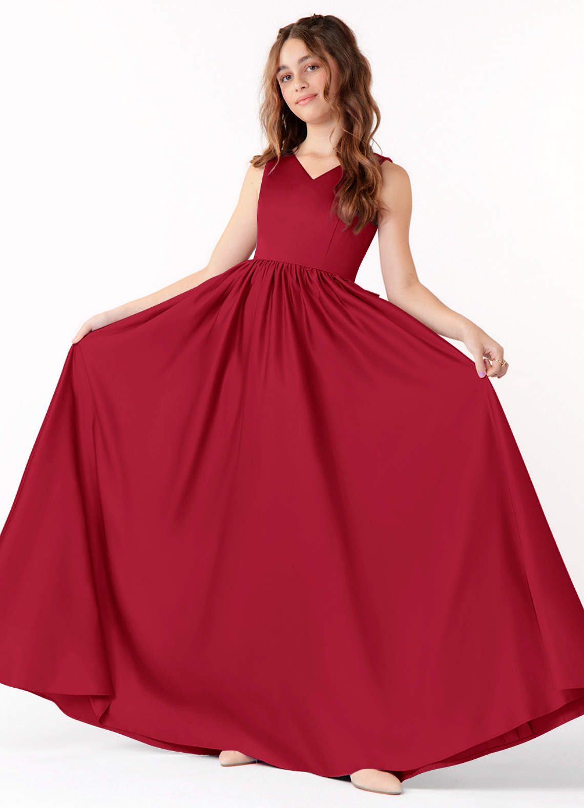 Azazie Hathaway Junior A-Linie Schleifen Matte Satin Kleid Scharlachrot image1