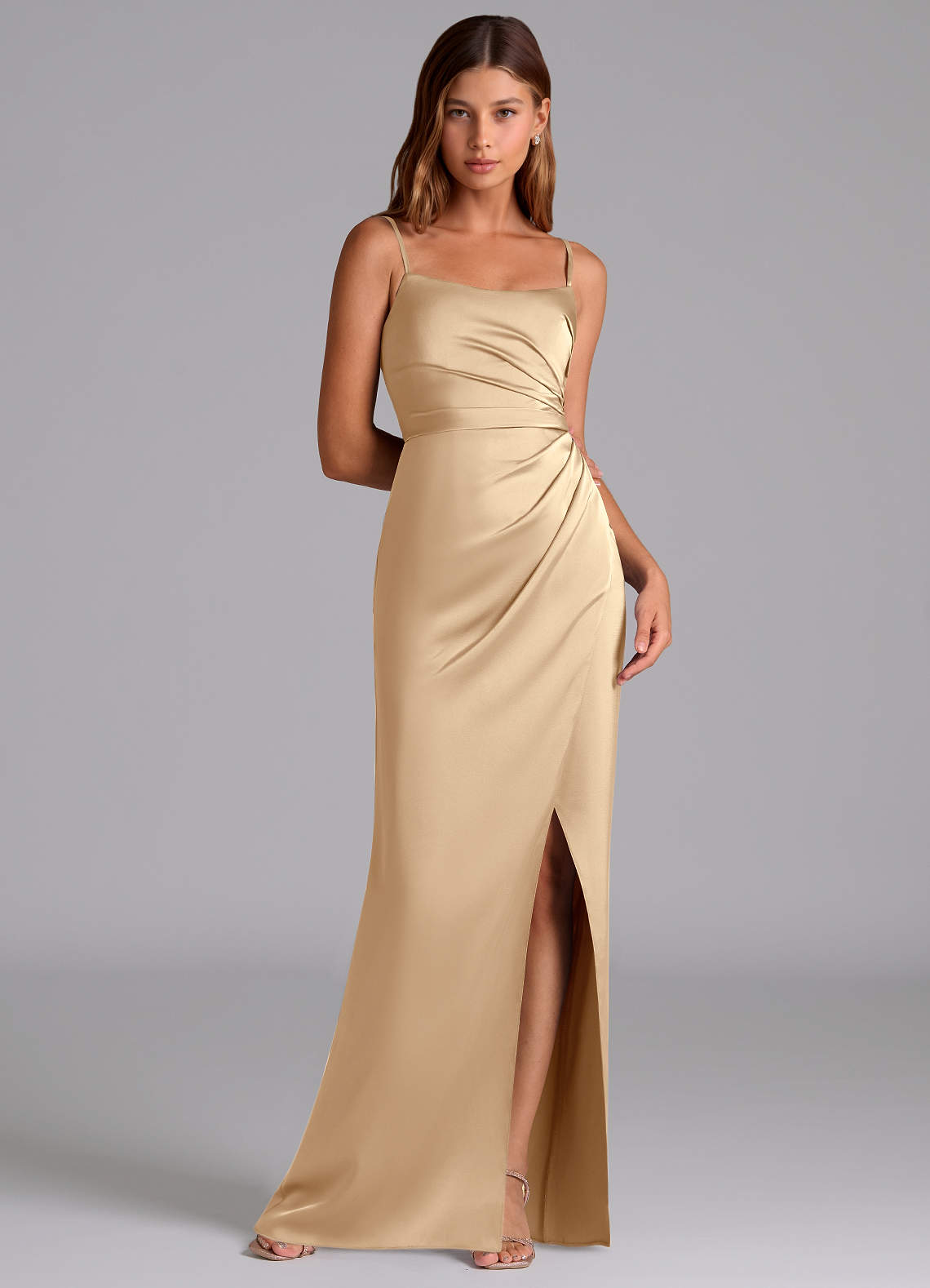 Azazie Calandra Bridesmaid Dresses Champagne A-Line Pleated Stretch Satin Dress image1