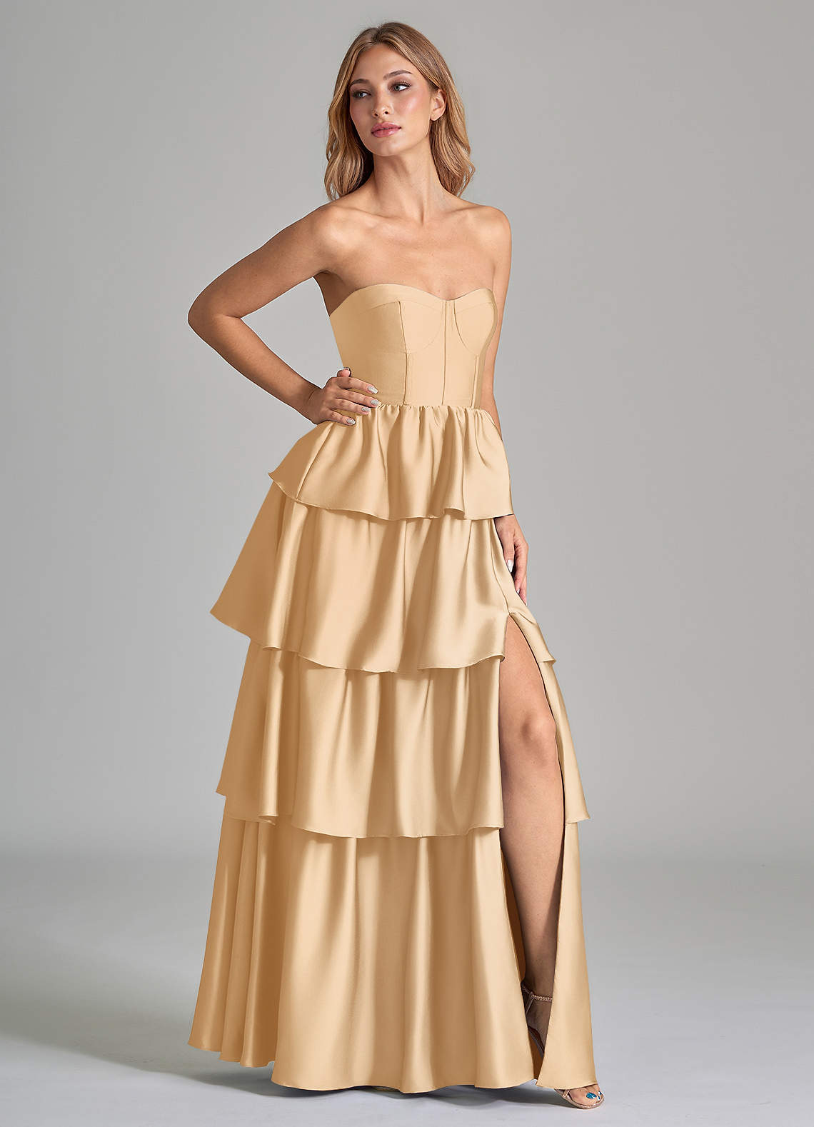 Azazie Faye Brautjungfernkleider A-Linie Gestreift Stretch-Satin Kleid Gold image1